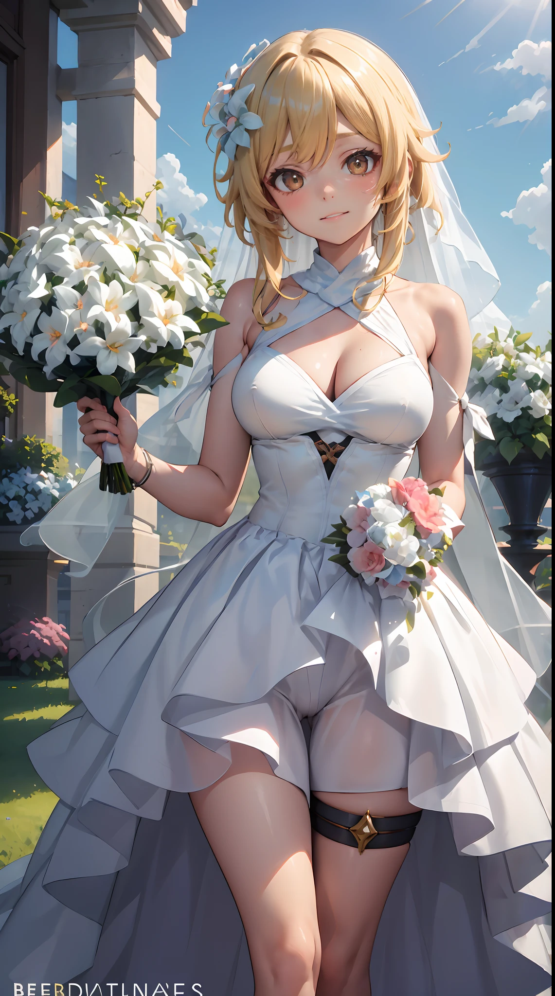 Lumine | genshin impact, master-piece, bestquality, 1girls,25 years old, proportional body, proportional., Wedding Dresses, White Wedding Dress, Long skirt, wedding, ,bara, Standing in the middle of a flower garden, outdoor, wedding, The sky is beautiful, Both hands hold a bouquet of flowers........................................., View viewers from the front., Thigh strap, Head tilt, bored, 10, 10, HD, slight smile,