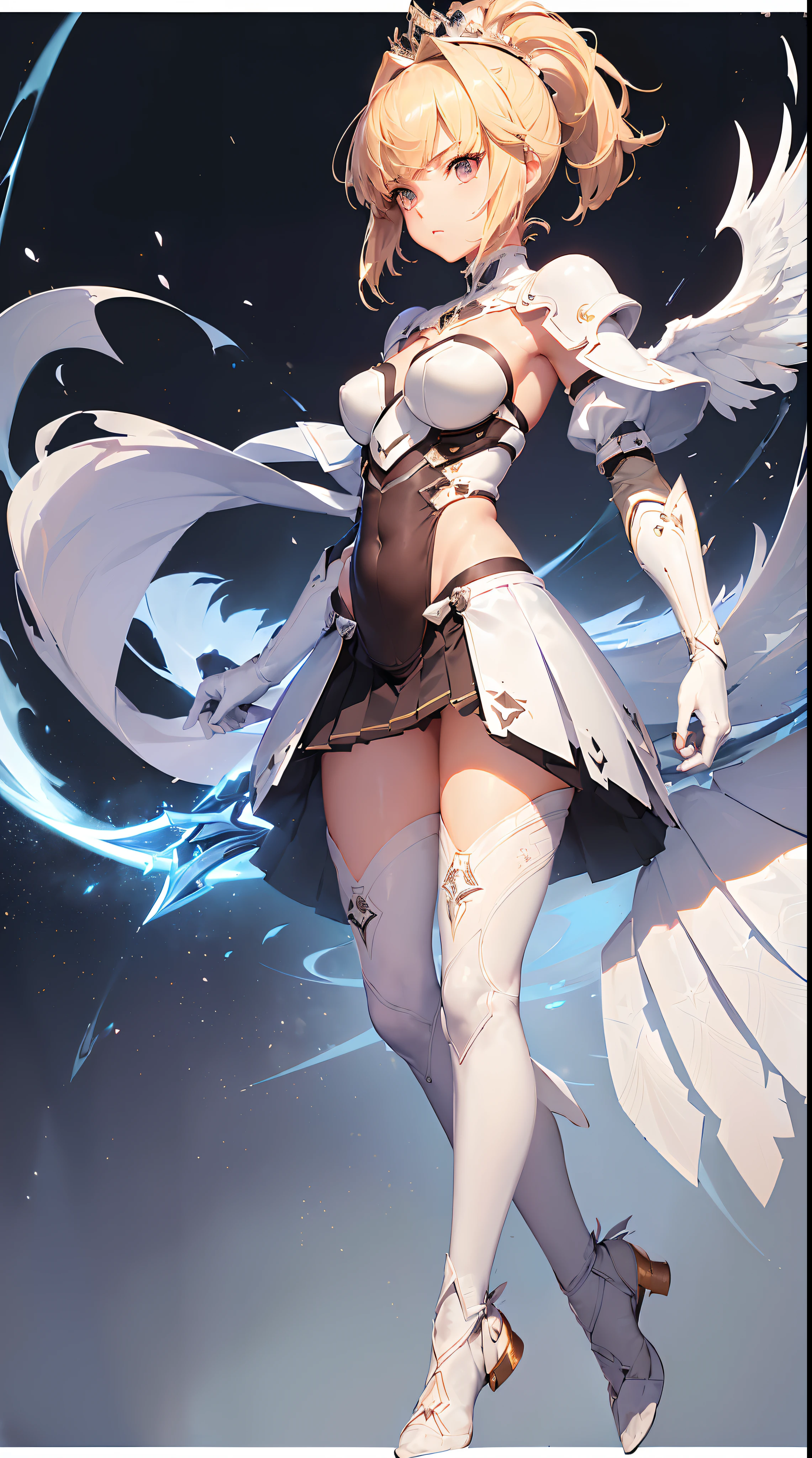 style of anime，Mecha Warlord type，(High-quality characters:1.2)，(4K:1.1)，(Exquisite facial features:1.2)，Glossy face，up-close，(The complexion is very fair:1.3)，(sophisticated haircut:1.2)，(Blonde ponytail hairstyle:1.2)，(Thin leg:1.2)，(Small chest Thin waist:1.2)，(Small breasts:1.2)，(Raised :1:2)，(Girl body type:1:2)，(1个Giant Breast Girl:1.2)，(Shape-shaped armor and armor:1.3)，(Pleated battle skirt:1.3)，(White waist pantyhose1.3)，(A long blade of ice hanging from the waist:1.2)，(Long gloves in white tulle silk:1.2)，(Patterned gloves and socks:1.3)，(Sakura pink lace-up collar:1.2)，(Crown of ice on the head and halo of fire:1.3)，(White transparent shoulder armor and battle robe:1.2)，(Urban sky background:1.2)，(Light wings on the back:1.2)，(the sideview:1.2)，(Grim expression:1.2)，(Open leg movement 1.3)，(Best quality at best:1.2)，(hight contrast:1.2)