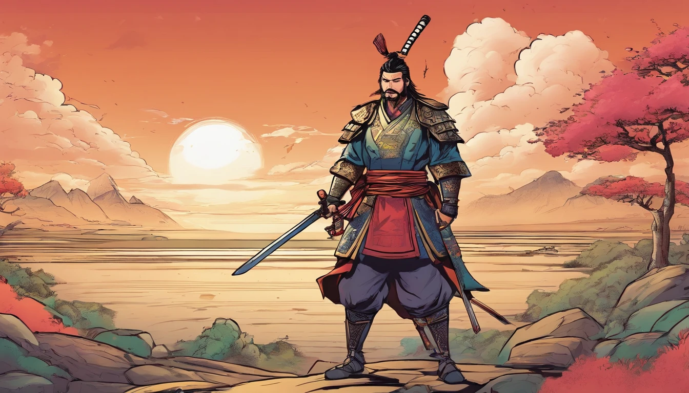create a blend of high-quality minimalist awkward art and comic book art a comic book samurai scene from low camera view, action shot, cinematic scene, anime linear full color, 2 panels, epic color only in background --style raw --s 75** - Image #1