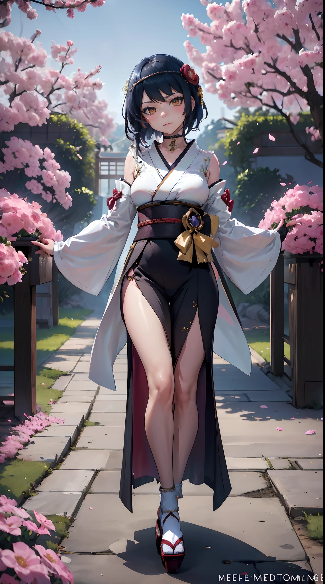 Kujou Sara| genshin impact, master-piece, bestquality, 1girls,25 years old, proportional body, proportional., (The bride wears a kimono.....), Wedding Dresses, Japanese Wedding Ceremony, thick wedding dress skirt, White Wedding Dress, Long skirt, Big skirt ,bara, choker, Standing in the middle of a flower garden, outdoor, The sky is beautiful, arm behind back, View viewers from the front., Thigh strap, Head tilt, bored, HD, A slight touch.,