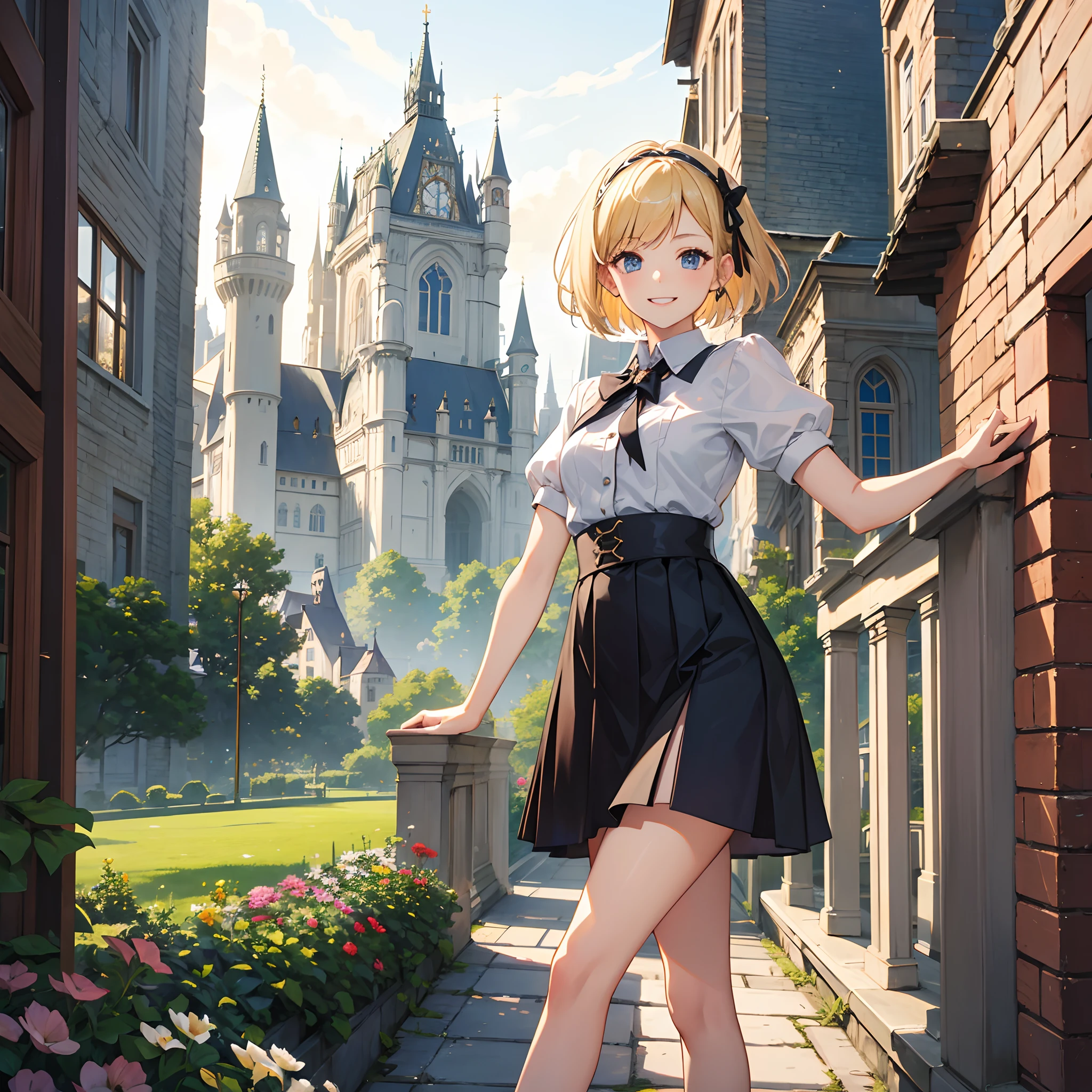 Masterpiece, 1 girl, smiling, european, skirt, (small) chillerism, short blonde hair, German castle
