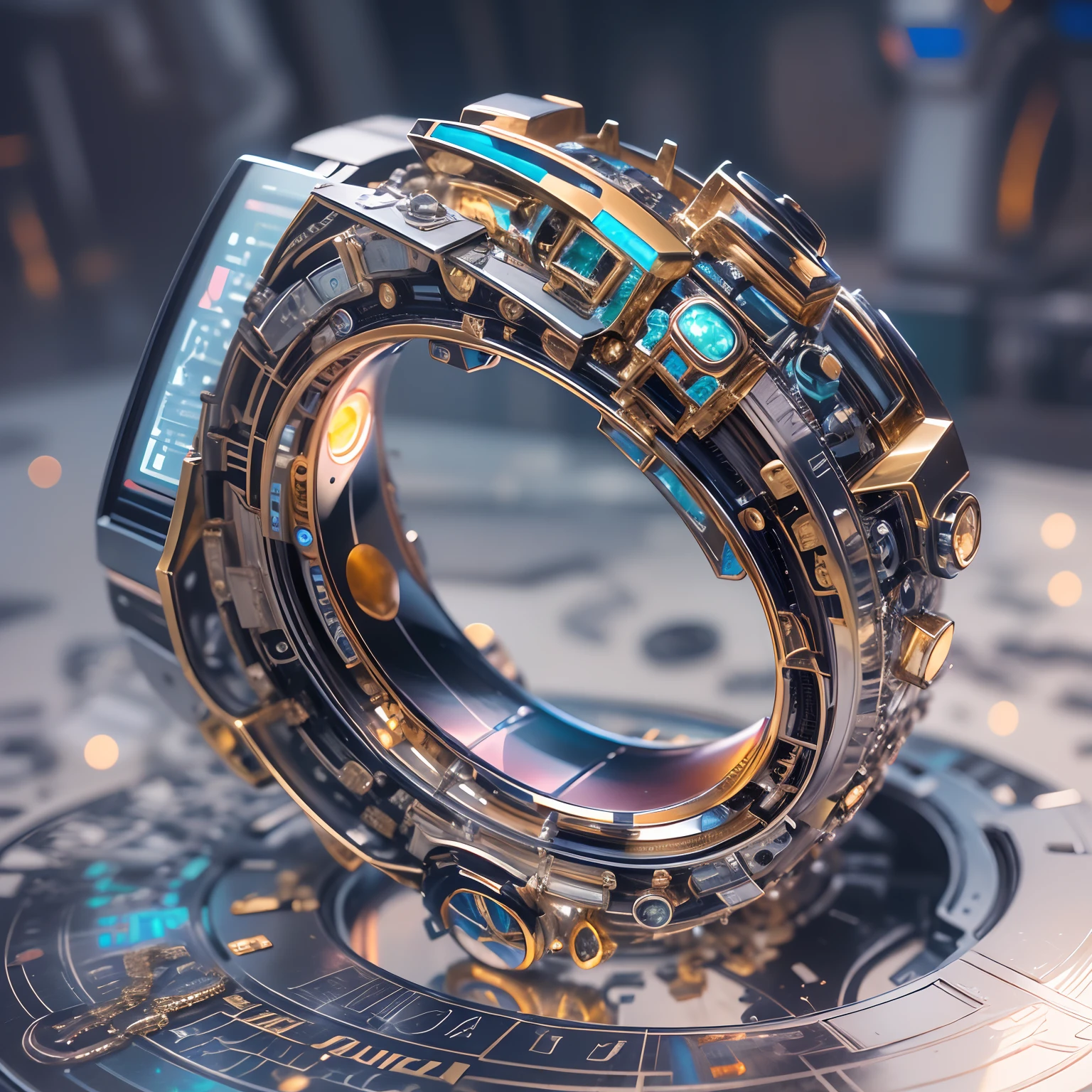 object, (1 complex magic ring made by a Gundam robot,The ring is engraved with the head of a Gundam robot,The entire ring is made of mechanical armor,Metallic texture,Future mechanical technology process made,metallic luster,Mechanical line beauty), Bokeh background,Colorful colorful, luxury goods, closeup cleavage, product-view, solofocus, Ballpoint pen stroke,(Masterpiece), high qulity,1.4x realism