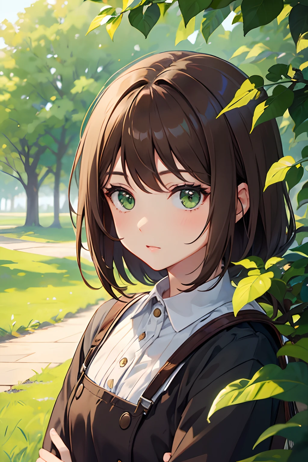 1girl, brown hair, green eyes, without fringe, portrait, cute
