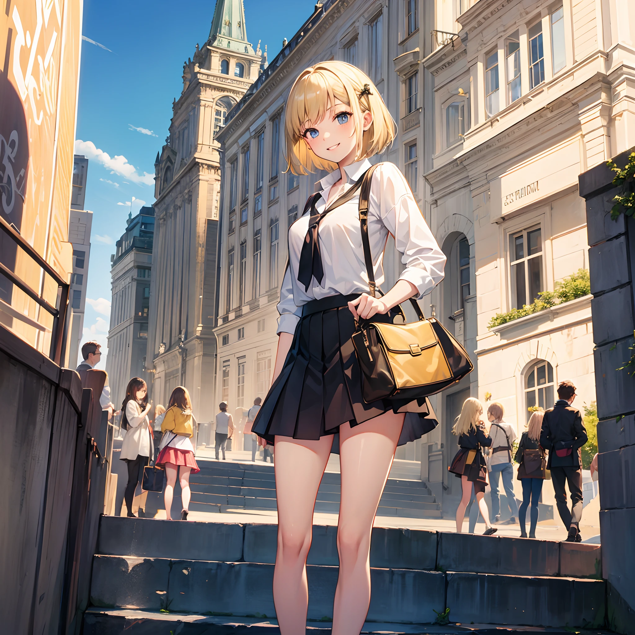 Masterpiece, 1 girl, smiling, european, skirt, (small) chillerism, short blonde hair, berlin
