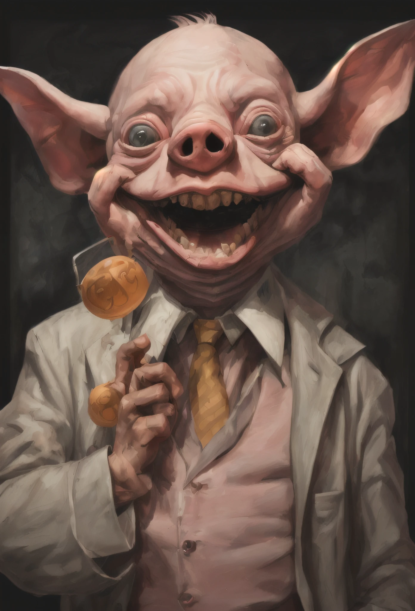 (((BRUNO AMADIO  CURSED oil style))),((pastel light colors)),(((Professor Pyg from batman))), (((Professor Pyg is crazy schizophrenic human with a dement laugh ))),emerging from the shadows of Gotham, stands with an enigmatic presence. His human face, a macabre canvas, displays twisted features in a mask that evokes monstrosity. Clad in surgical garments and a stained butcherapron, he embodies an obsession with deformity. Every gesture and strident laughter reveal the chaotic dance of a deranged soul, choreographing horrors and turning the unfortunate into his spine-chilling marionettes in the dark theater of depravity., hand-drawn, digital painting, low-poly, soft lighting, bird's-eye view, isometric style, retro aesthetic, focusedon the character, 8K resolution, photorealistic rendering, usingCinema 4D,highly detailed, professional light