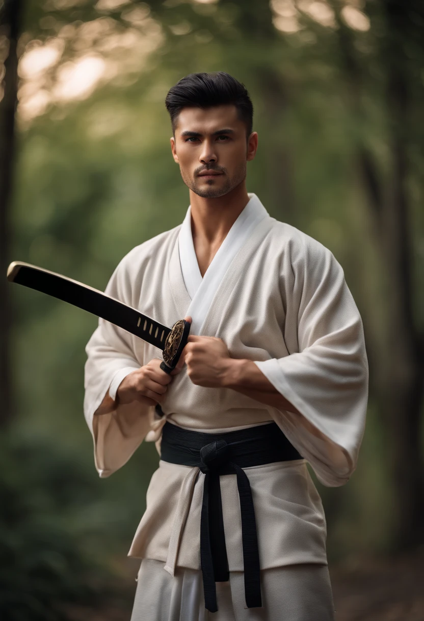 Young man dressed in a kimono posing for photo, with a katana by your side lean and muscular, well-muscled, lean but muscular, beautiful handsome body, very muscular, muscular bodies, shirtless, Muscular men, musculature, Attractive body, well-muscled, muscular build,Gentle face,asian human, 22 -years old, beard in his face
