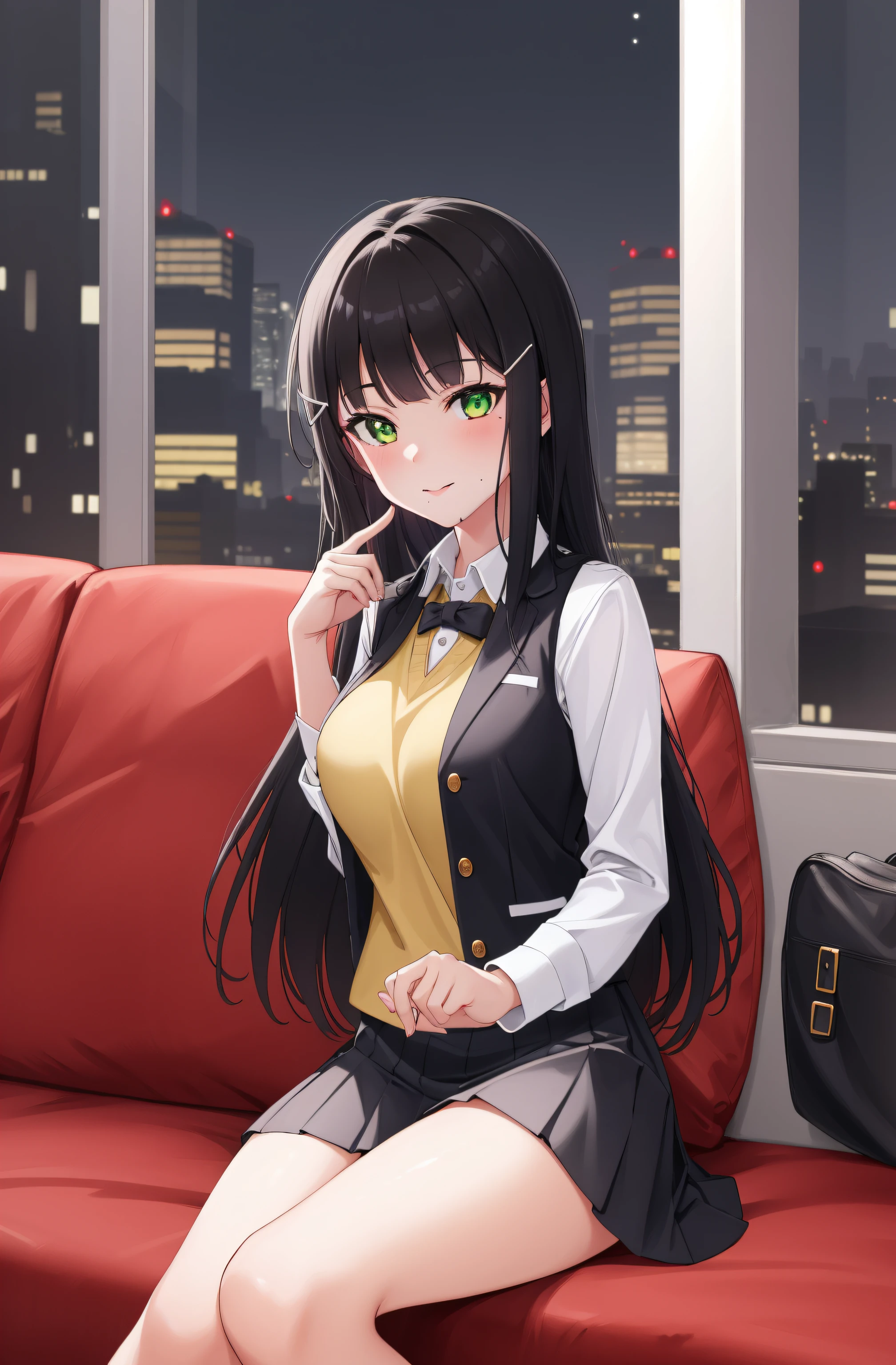 (Night:1.7), Cyberpunk_CityView, Before Window,
sitting at attention,sitting on couch,
wearing (school uniform, skirt, vest, yellow vest),
dia kurosawa, black hair, (green eyes:1.5), blunt bangs, grey skirt, hair ornament, hairclip, mole, mole under mouth, long hair,
1 girl, 20yo,young female,Beautiful Finger,Beautiful long legs,Beautiful body,Beautiful Nose,Beautiful character design, perfect eyes, perfect face,
looking at viewer, (innocent_big_eyes:1.0),(expressionless:1.3),seductive anime girl.teasing smile, 
NSFW,official art,extremely detailed CG unity 8k wallpaper, perfect lighting,Colorful, Bright_Front_face_Lighting,
(masterpiece:1.0),(best_quality:1.0), ultra high res,4K,ultra-detailed,
photography, 8K, HDR, highres, absurdres:1.2, Kodak portra 400, film grain, blurry background, bokeh:1.2, lens flare, (vibrant_color:1.2)
(Beautiful,medium_Breasts:1.4), (beautiful_face:1.5),(narrow_waist),(perfect hands, perfect anatomy)