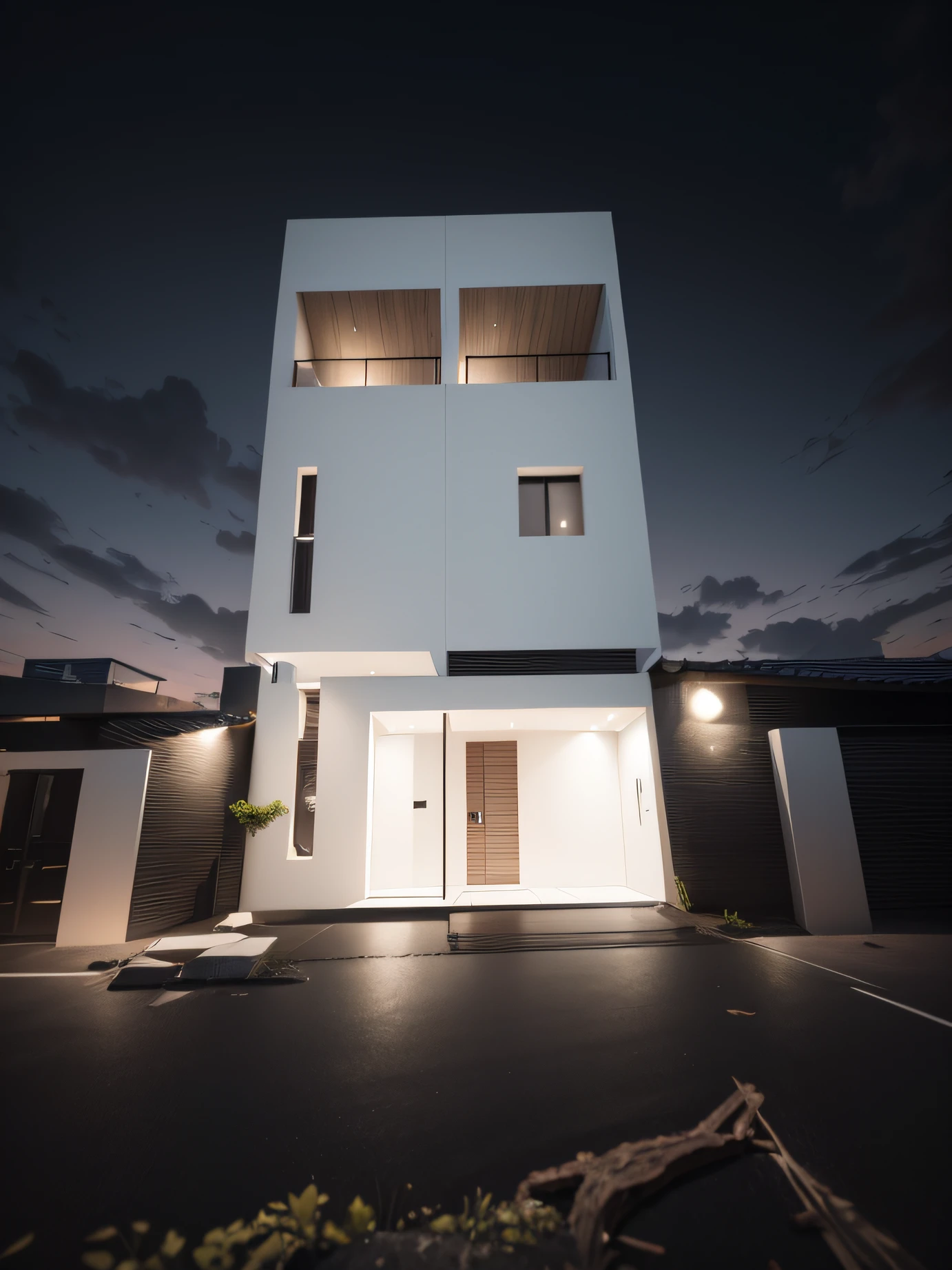 house with ground floor front with white porcelain tiles and black external wall on the upper floors. using wood and metals for a very elegant and modern finish.