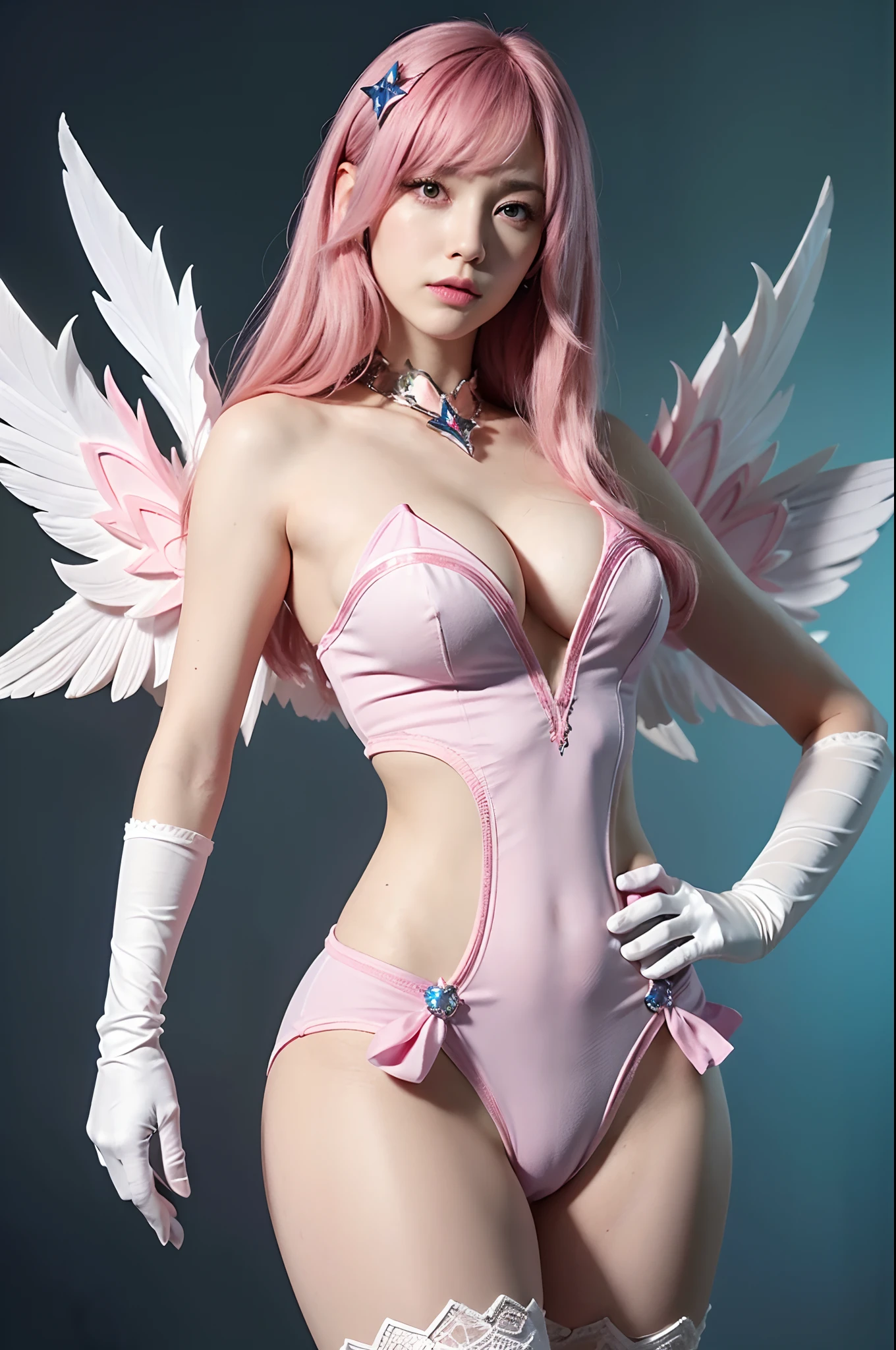 photorealistic, high resolution, 1women, mature female, solo, hips up,purple eyes, kaisasg, star guardian (league of legends), pink hair, gloves, long hair, thighhighs, skirt, elbow gloves, hand on hip, bare shoulders, solo, wings, white gloves, breasts, pink eyes, bangs, magical girl, hair ornament, ((no pants))