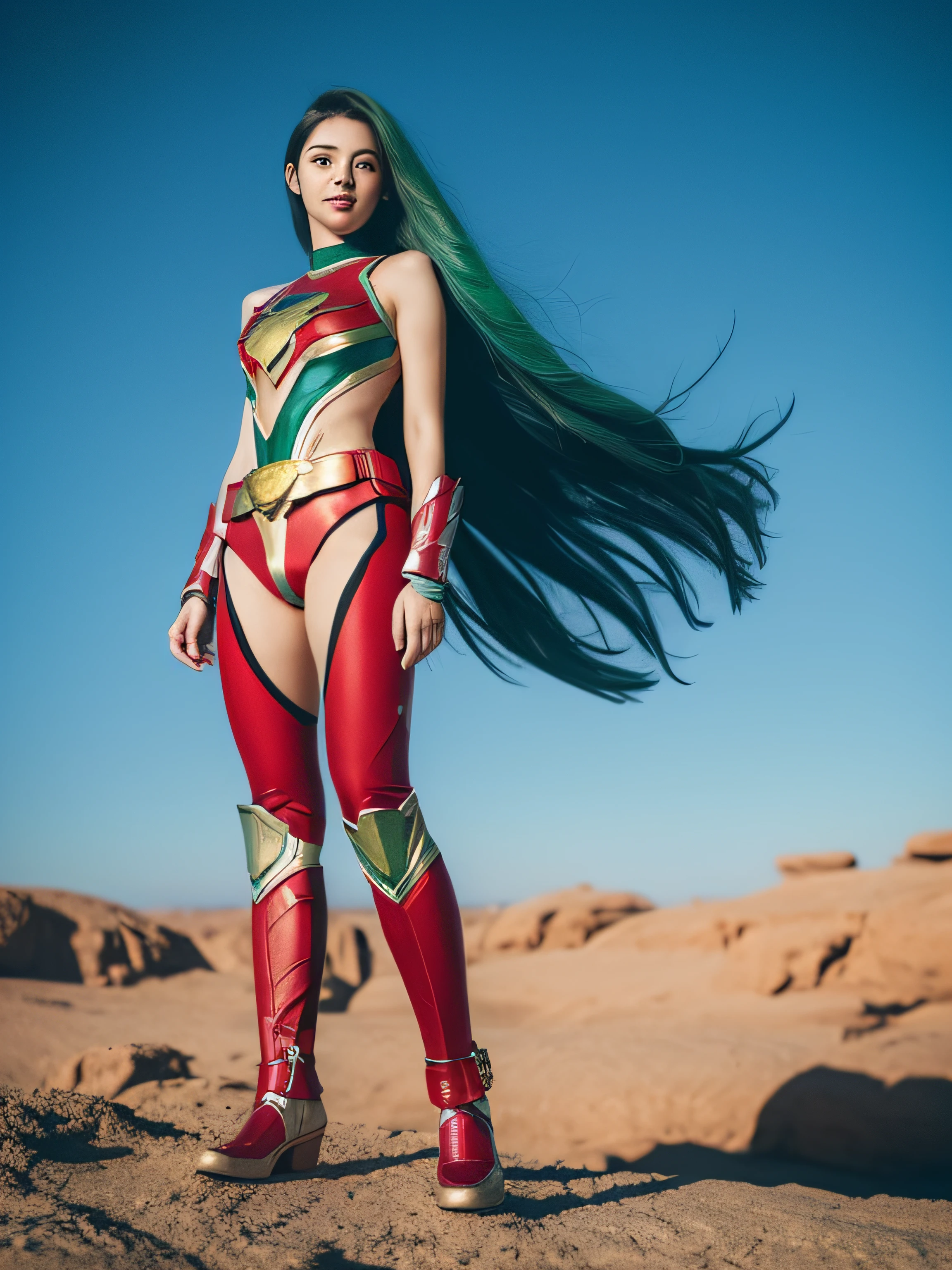 4K, Realistic, carismatic, ighly detailed, There is a girl in the sky, Wear Power Rangers, She is a Power Rangers, super hero theme, Green hair, 25 years old, Full body