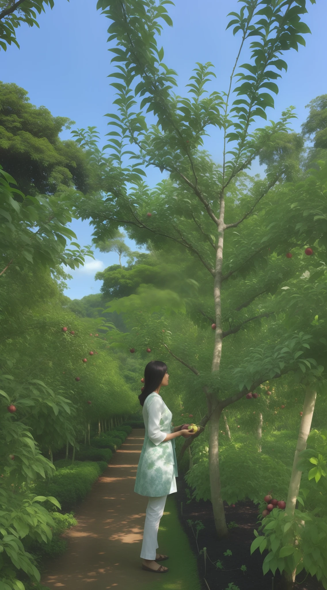 there is a woman standing in a garden with a tree, with fruit trees, garden with fruits on trees, kuntilanak on bayan tree, fruit trees, amidst of nature fully covered, rich greenery, tawa trees, standing in an apple orchard, standing in a botanical garden, large plants in the background, dense with greenery, in a verdant garden