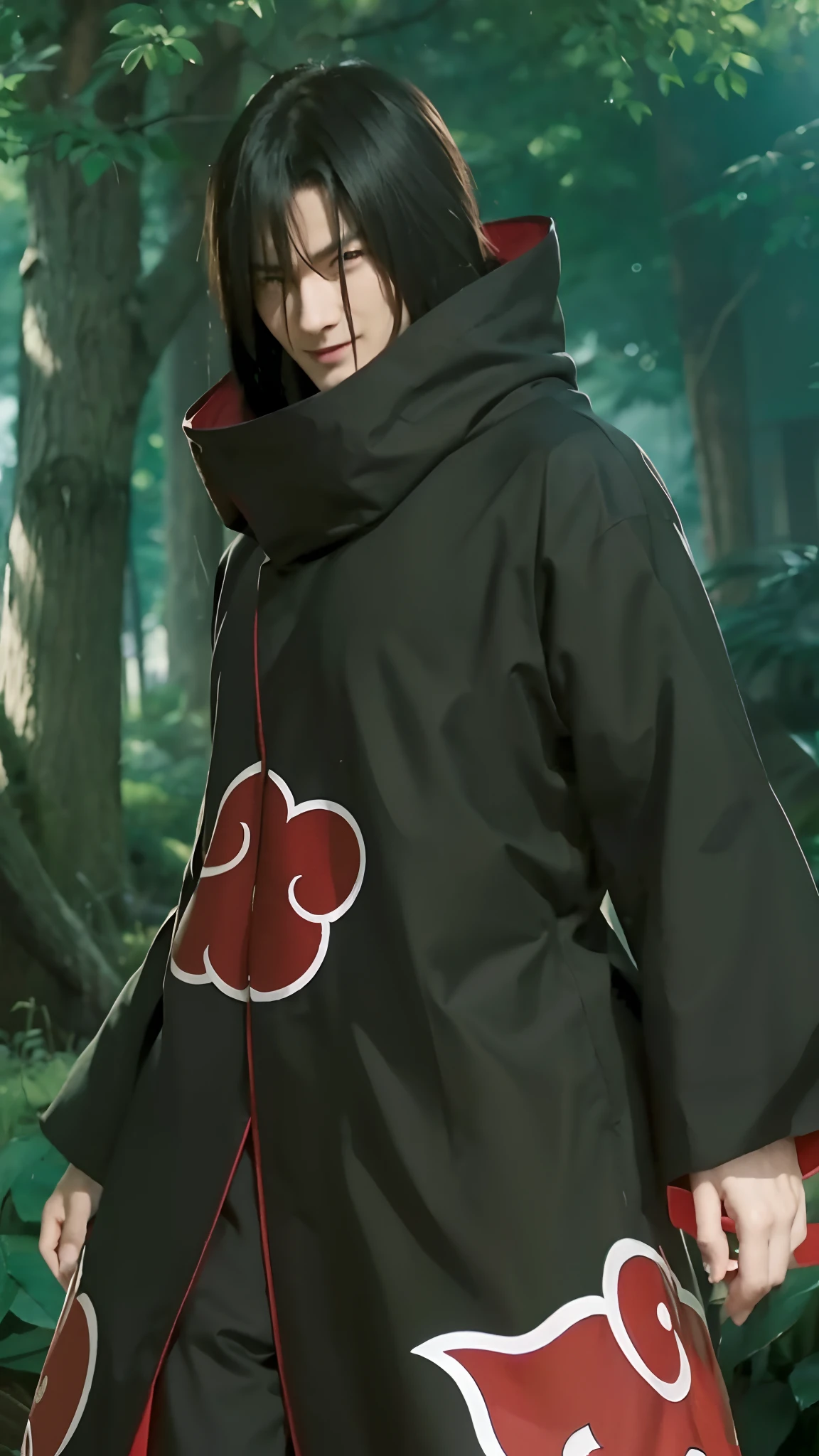 Real life adaption of this character, handsom man face, evil smile expression, ((realistic same hair)),((realistic same outfit with Akatsuki logo)) , hyper realistic, realistic light, realistic shadow, realism,(photorealistic:1.2), looking to viewer ,
