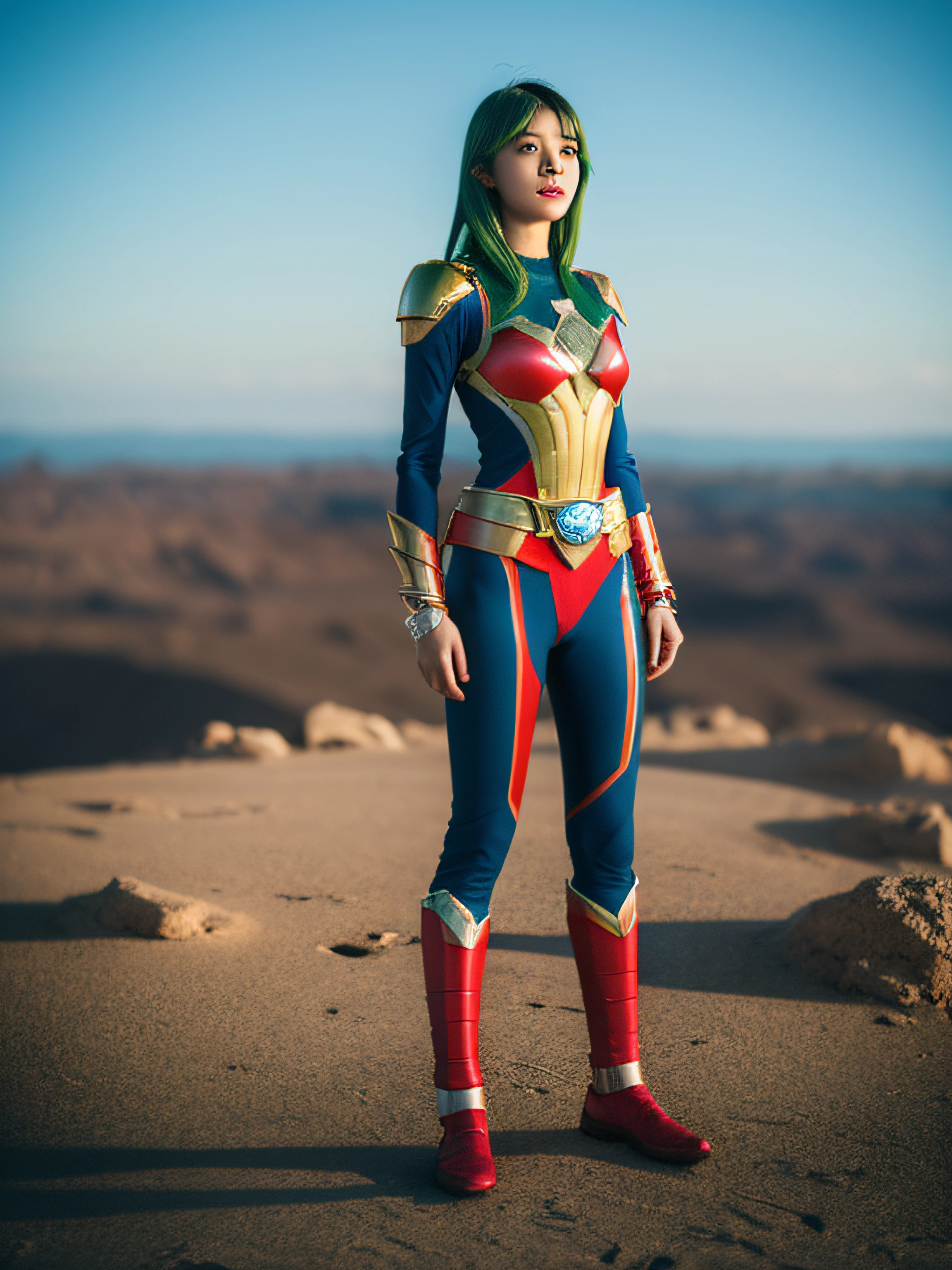 4K, Realistic, carismatic, ighly detailed, There is a girl in the sky, Wear Power Rangers, She is a Power Rangers, super hero theme, Green hair, 25 years old, Full body