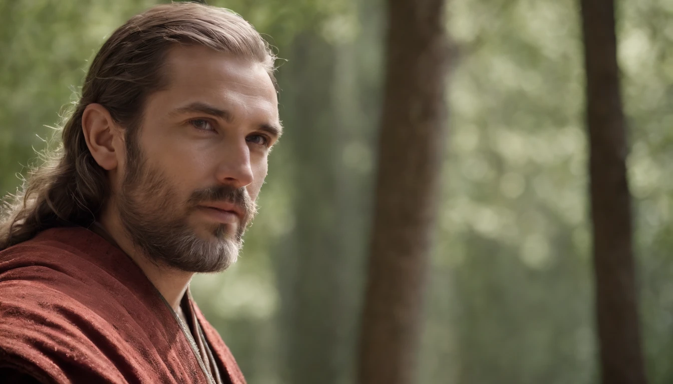 Homem branco, magro, cabelo liso, cabelos longos, barba grande, melhor qualidade, Wearing Ancient Christian Robe, ultra hd, 4k, ultra realista, rosto detalhado, olhos verdes, olhos detalhados, vida real, qualidade perfeita