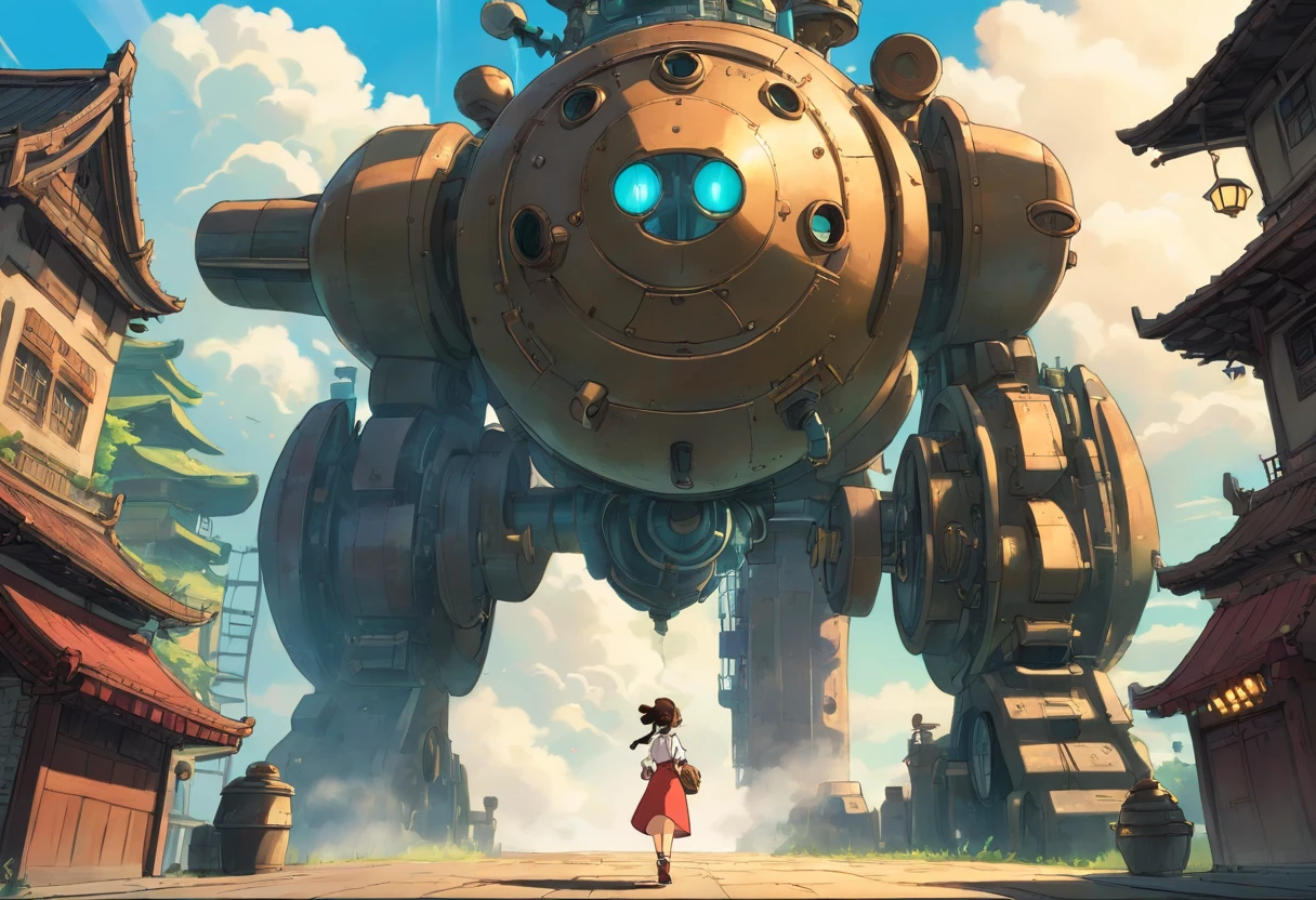 Chinese ink style,Steampunk world,Huge steam mecha and afro american girl,Spray steam,Ink animation art,Ink comic art,water ink,ink,Smudge,8K,Delicately portrayed,Works of masters