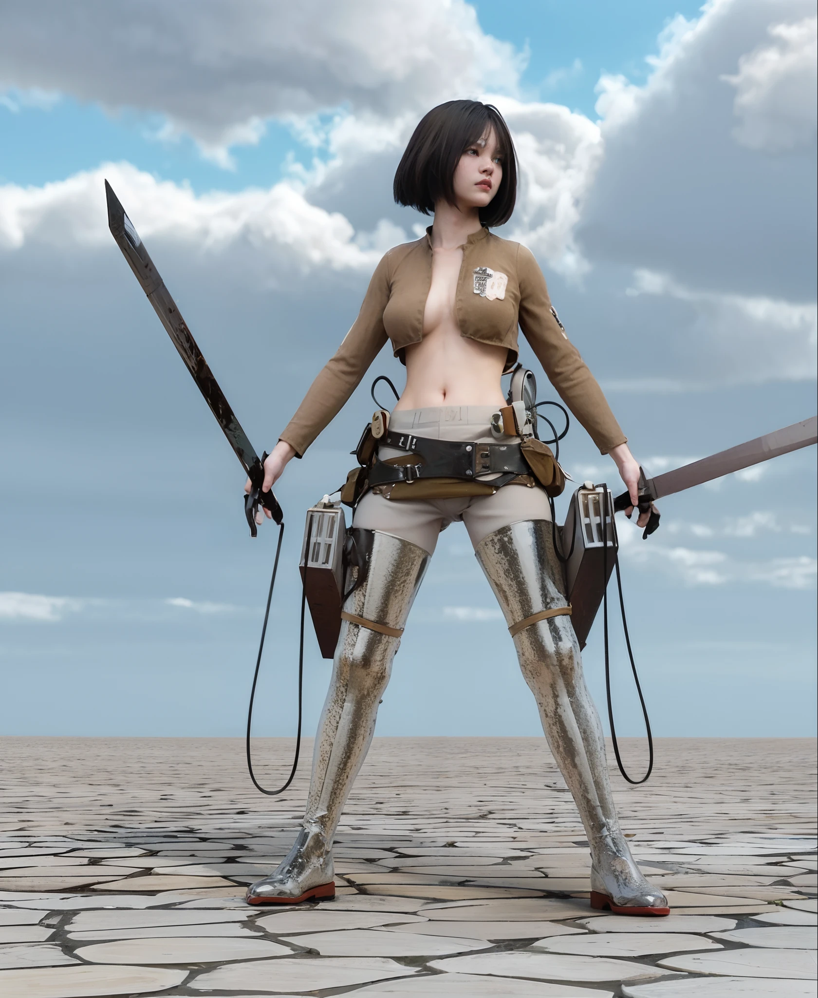 (1Girl:1.3),Solo,__body-parts__, Official Art, Unity 8K Wallpapers, super detaill, Beautiful and aesthetic, beautiful, masterpiece, Best quality at best, fantastic atmosphere, Calm palette, serene ambiance, Smooth shading, bobbed black hair, Beautiful -yeld gi Cropped jacket, Detail wrinkles, Attack on Titan