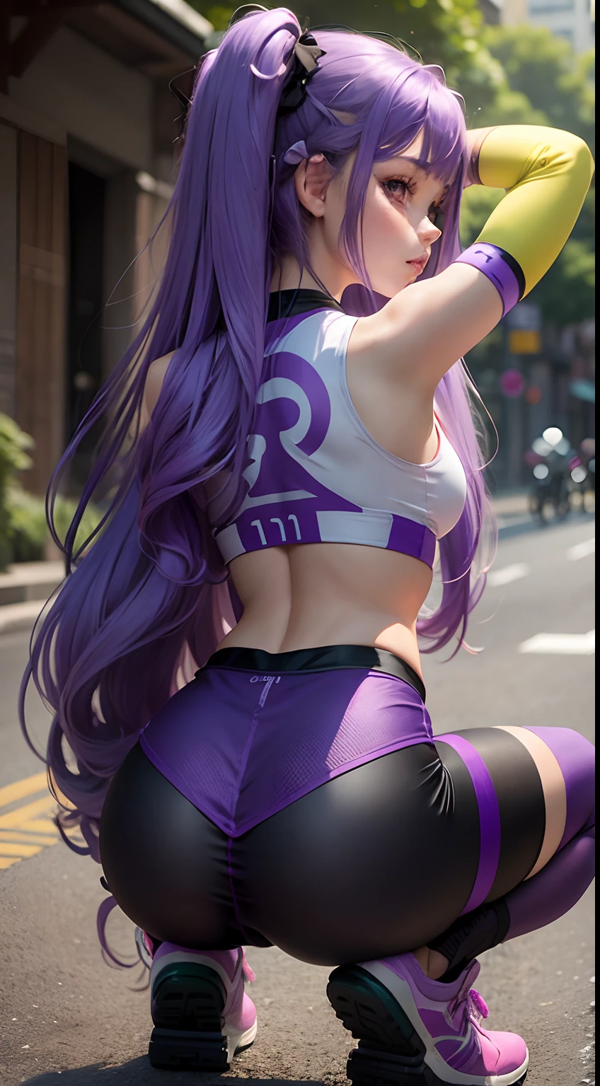 Girl with long purple hair slim, cuteface, little chest, In cycling shorts, He squatted down, seen from behind