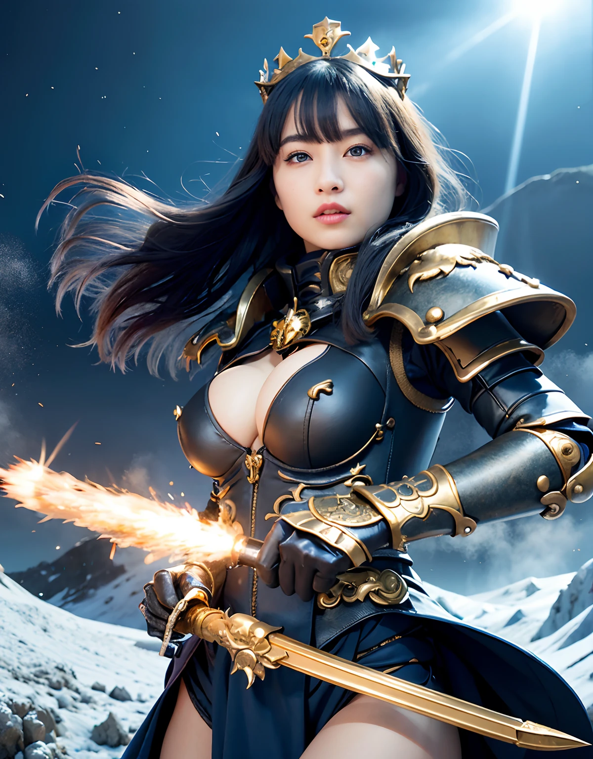 Professional , masterpiece、top-quality、photos realistic , 、top-quality、超A high resolution、(Photorealsitic:1.4)、Raw photo、depth of fields (Gemstone Gold Metal Body:1.9),(Matte White、Toostock、cleavage of the breast、(cleavage of the breast)、(Detailed Dragon Armor)、(Have the strongest weapon)、((Random Hairstyles 1.6),Dark Fantasy,)explosions、intense fighting、(Precipitous cliffs),Dragon Gold Weapon,Mystical expression、Particles of light、Fight dragons、(Detailed Dragon Helmet),Gorgeous Silver Weapons ,(( Dragon's dense and gorgeous sword)) , Beautiful knife ,warhammer 40k ,Detail and gorgeous crown、((Blue hair))、(Castle background)、、((Gangle's forest background))、Beautiful Caucasian beauty、1a person、dynamic ungle,((()))、Smaller head、A smile、Castle background、Thin and beautiful female hands、cleavage of the breast、Soldier in iron armor on background、Mystical expression、Light Effects、intense fighting、Wind-effect、magic circles、With the legendary magic wand、(demonic wings)、Toostock、