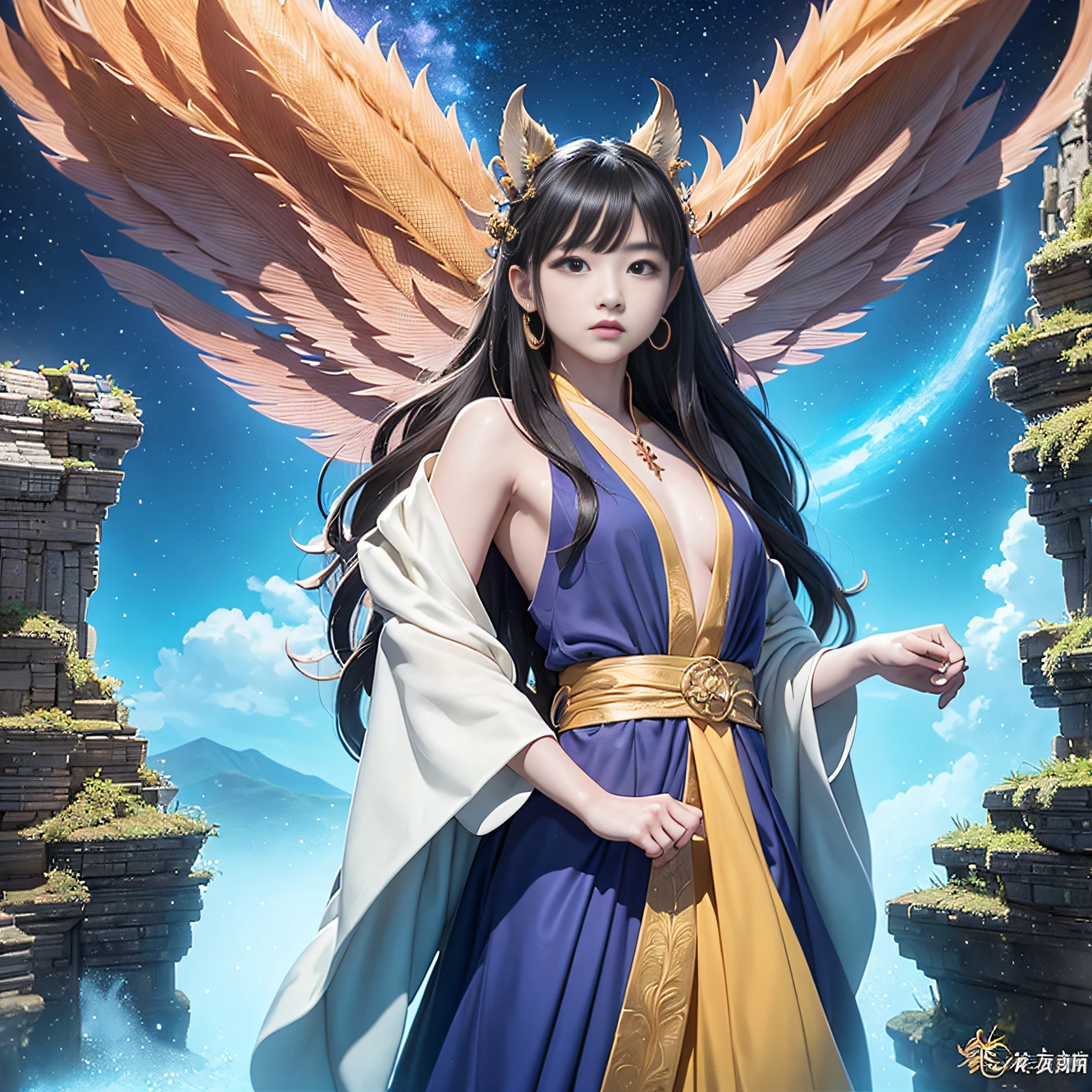(Masterpiece, top quality, best quality, extreme detail, highest detail, official art, Beauty and Aesthetics: 1.2), Colorful, Denim Shot, Upper Body Shot, Beautiful Face, Solo, Perfect Body, On the Sky Clouds, Fairy, Flowing Streamers, Sun Rays, Clouds, Full Body, Hanfu, Chinese Clothes, White Dress, Water, Fireflies, Night, Starry Sky, Jewelry, Feathers on Dresses, Peacock Feathers, Light Particles, Volumetric Lighting, Ray Tracing (Flowing Streamers: 1.1), (Fantasy: 1.2), Illuminator, Stars, Fantasy, High Contrast, Ink Strokes, Overexposure, Purple and Red Tone Impressions, Abstract, ((Watercolor by John Berkey and Jeremy Man)) Brush Strokes,