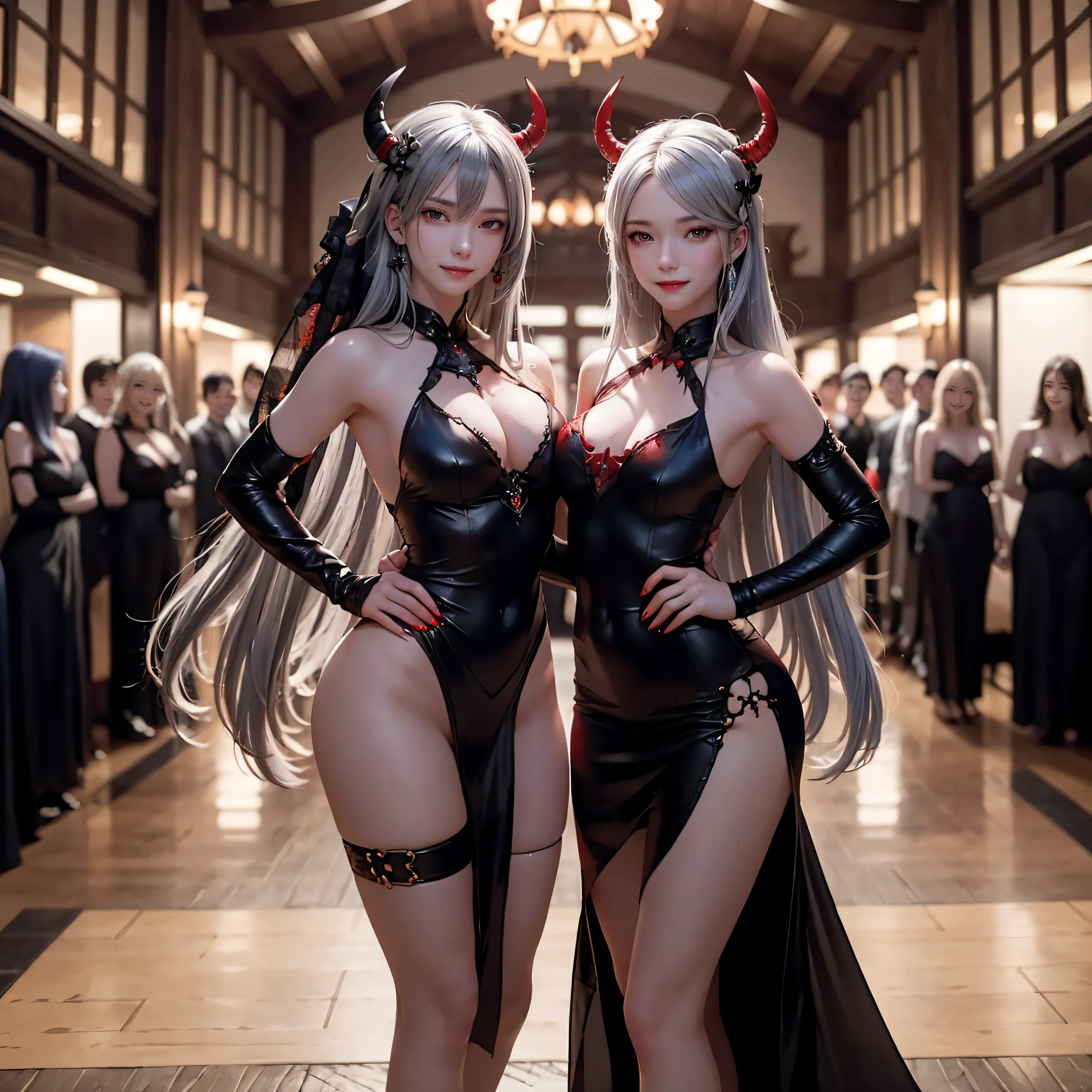 masterpiece, top-quality, top-quality, Beautifully Aesthetic:1.2, Two girls, Halloween night, Wearing a devil costume, high detailed, ((Red eyes:1.8)), large breasts, firm breast, nicely shaped breasts, slender figure,
(Left girl is Gray hair), (Right girl is Blue hair), wavy hair, (medium long hair:1.2),
in the Halloween party venue decorated for Halloween at late night, (Full body shot:1.1),
Standing in line with hands on waist that sticking out breasts,