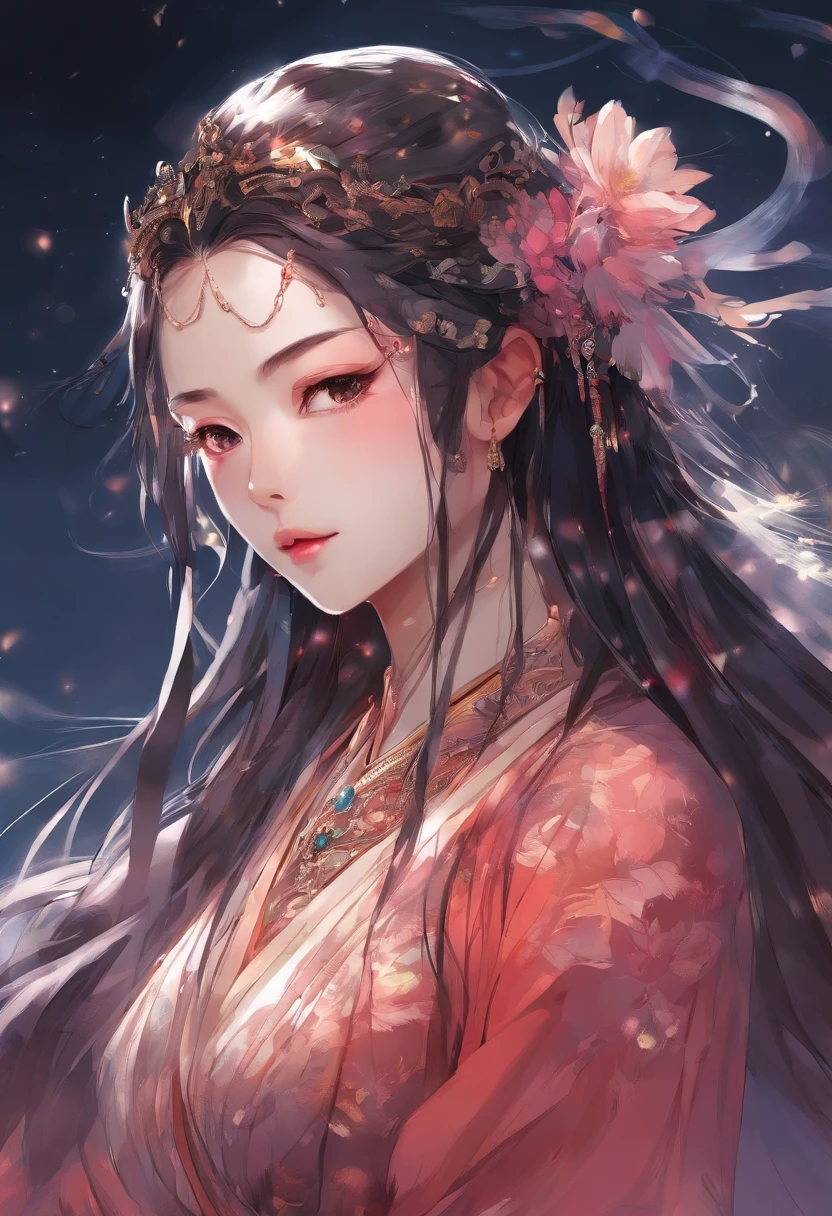 Nezuko Kamado, in profile looking at the sky, tears come out of her eyes, hair in movement, clothes move with the wind, holding her hair to the side of her face, gray scenery, (ambient light: 1.5), (view from below that focus on the character, expansive mode photography), ultra quality, (8k rendered photography), (ultra detailed), (refined strokes), (highest quality), (warm lighting: 1.0), portrait, dreamy, magical, (solo :1.0)