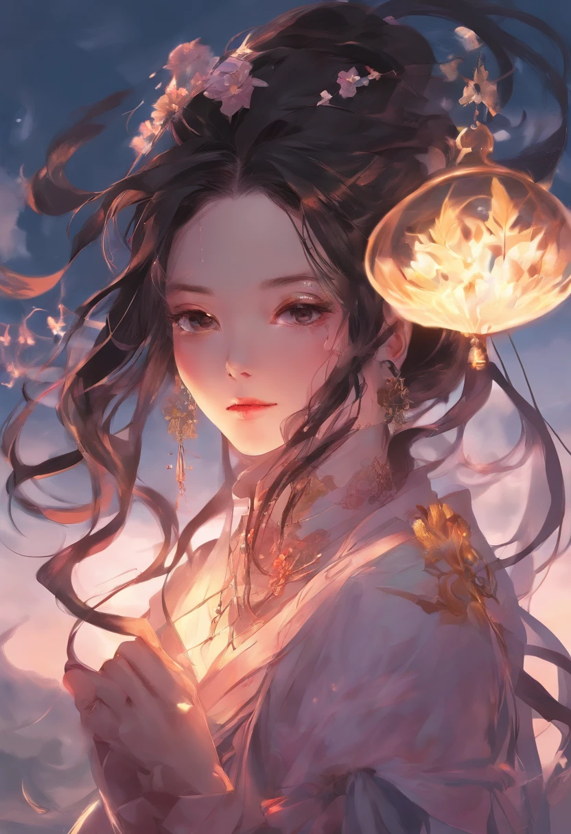 Outdoor girl， starrysky，Sit on top of the hill， ventania，meteors，Long hair with a shawl，Clear facial features，closeup cleavage
