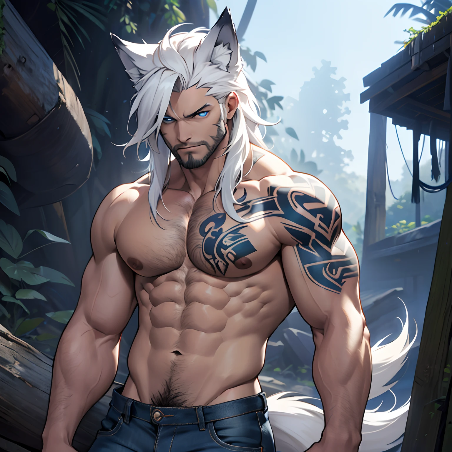 Muscular shirtless male wearing just a pair of torn jeans, has long white hair, has wolf ears, has glowing blue eyes, has light beard stubble, has wolf tail, solo, alone, (SOLO)(ALONE) shirtless, no shirt, (SHIRTLESS)(NO SHIRT), flexing, mystic backround, covered in tribal tattoos,