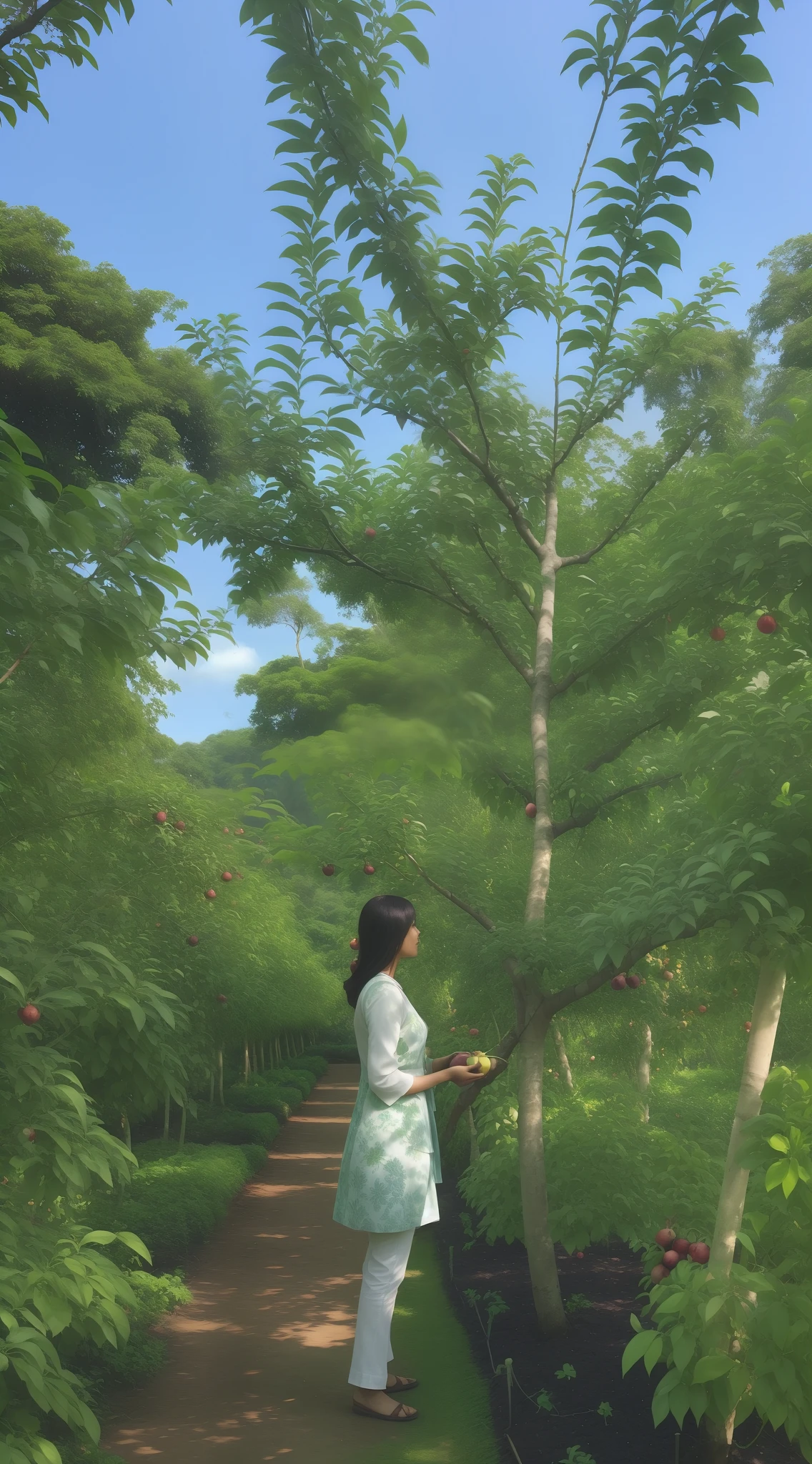 there is a woman standing in a garden with a tree, with fruit trees, garden with fruits on trees, kuntilanak on bayan tree, fruit trees, amidst of nature fully covered, rich greenery, tawa trees, standing in an apple orchard, standing in a botanical garden, large plants in the background, dense with greenery, in a verdant garden