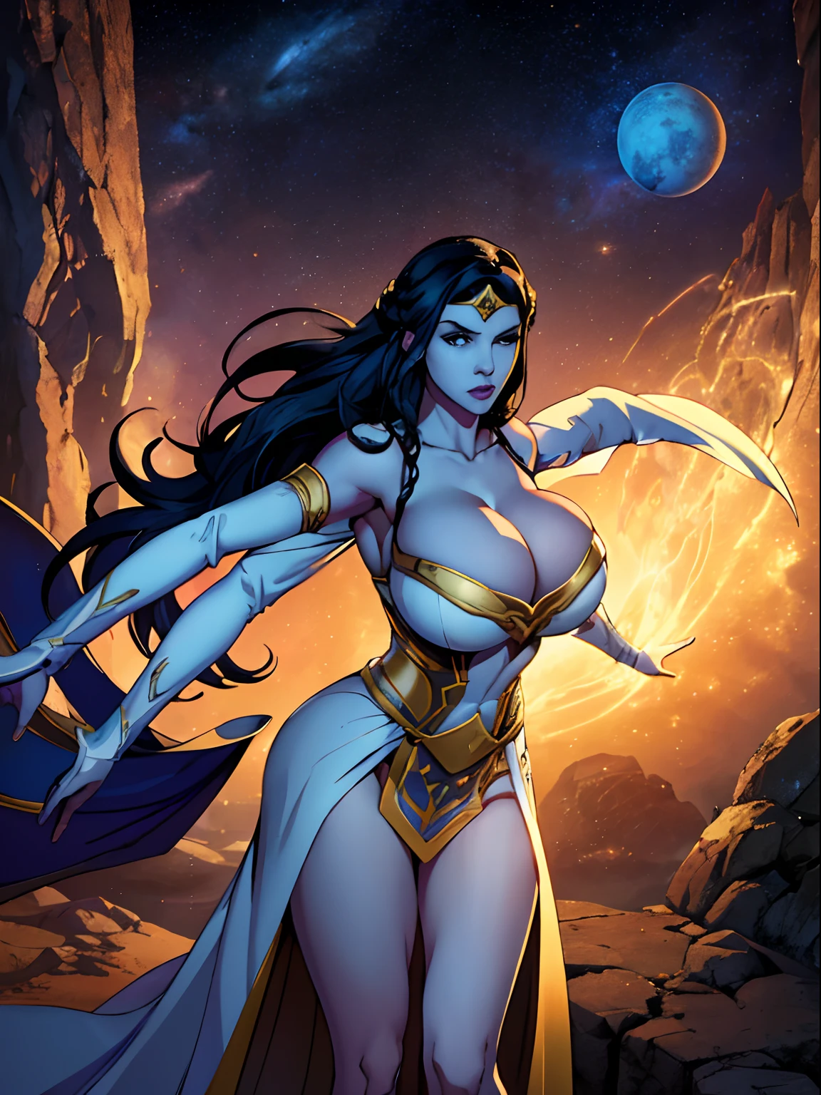 (masterpiece, top quality, best quality, official art, beautiful and aesthetic:1.2), (1girl:1.3), dark blue hair in braid, extremely detailed, portrait, looking at viewer, solo, (full body:0.6), detailed background, close up, (cool science fiction space theme:1.1), ((((blue skin)))), extremely busty sorceress, charlatan, mysterious, casting spells in space, four arms, revealing white and gold robes, crossed straps, criss cross straps, high neck, sleeveless, hood, veil, fingerless gloves, long gloves, glowing magical energy, blindfold, elaborate headdress, golden ceremonial winged headband, sheer white fabric, elegant robes, skirts, streamers, cowl, cape, sandals, bracers, ((((extra arms, gigantic breasts, skindentation)))), slim waist, slim hips, long legs, athletic, SPACE, futuristic moon, (space exterior:1.1) background, dark mysterious lighting, shadows, magical atmosphere, dutch angle