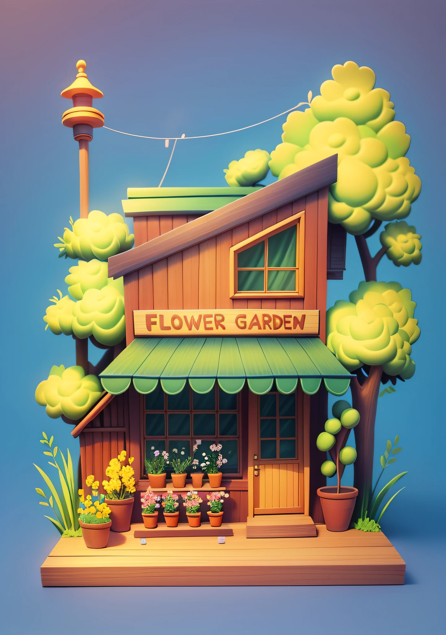 This is colorful drawing of a small wooden house with a flower garden. The house has a sloping roof with a chimney and a sign that reads “Flower Garden”. The front of the house has a large window with flower pots on the windowsill. There are also flower pots on the ground in front of the house. The house is surrounded by trees and bushes.