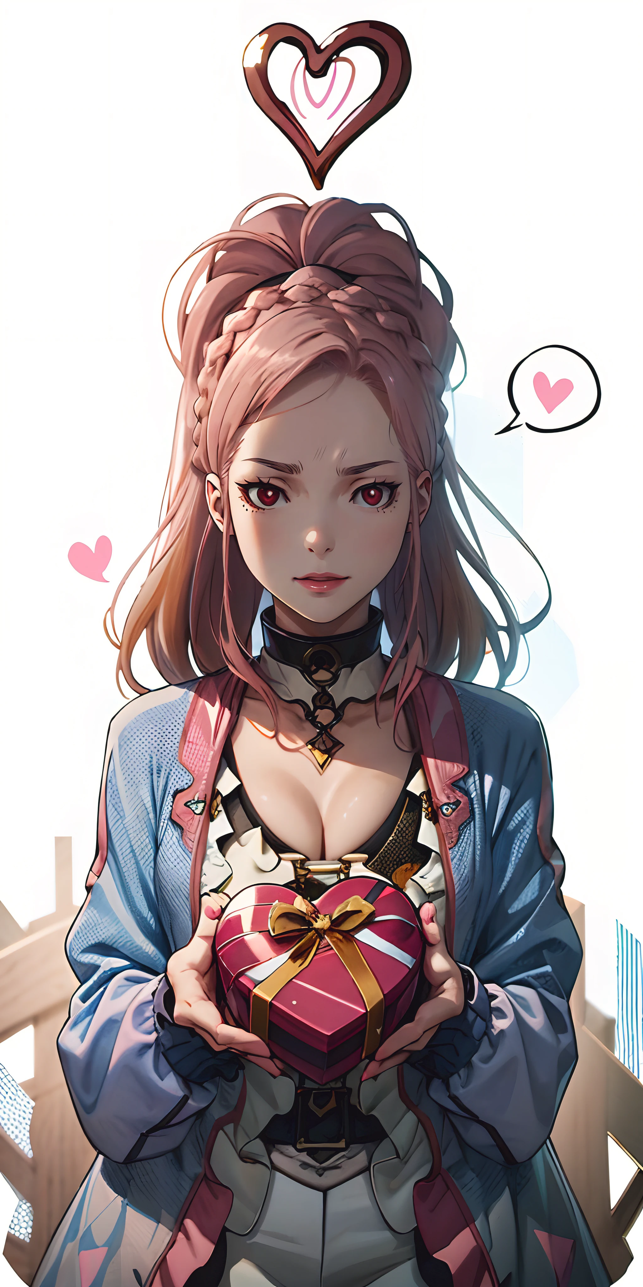 SnbAmr-KJ , crown braid , twintails, (pink hair:1.7), red eyes, breasts, smirk, upper teeth, gift, heart, 1girl, spoken_heart, valentine, breasts, gift box, solo, heart-shaped_box, looking_at_viewer, cleavage, choker, gift, mole, parted_lips, bra, jacket, lips, long_sleeves, chocolate, gift_box, glow effects, godrays, Hand drawn, render, 8k, octane render, cinema 4d, blender, dark, atmospheric 4k ultra detailed, cinematic, Sharp focus, big depth of field, Masterpiece, colors, 3d octane render, 4k, concept art, trending on artstation, hyperrealistic, Vivid colors, extremely detailed CG unity 8k wallpaper, trending on CGSociety, Intricate, High Detail, dramatic"",