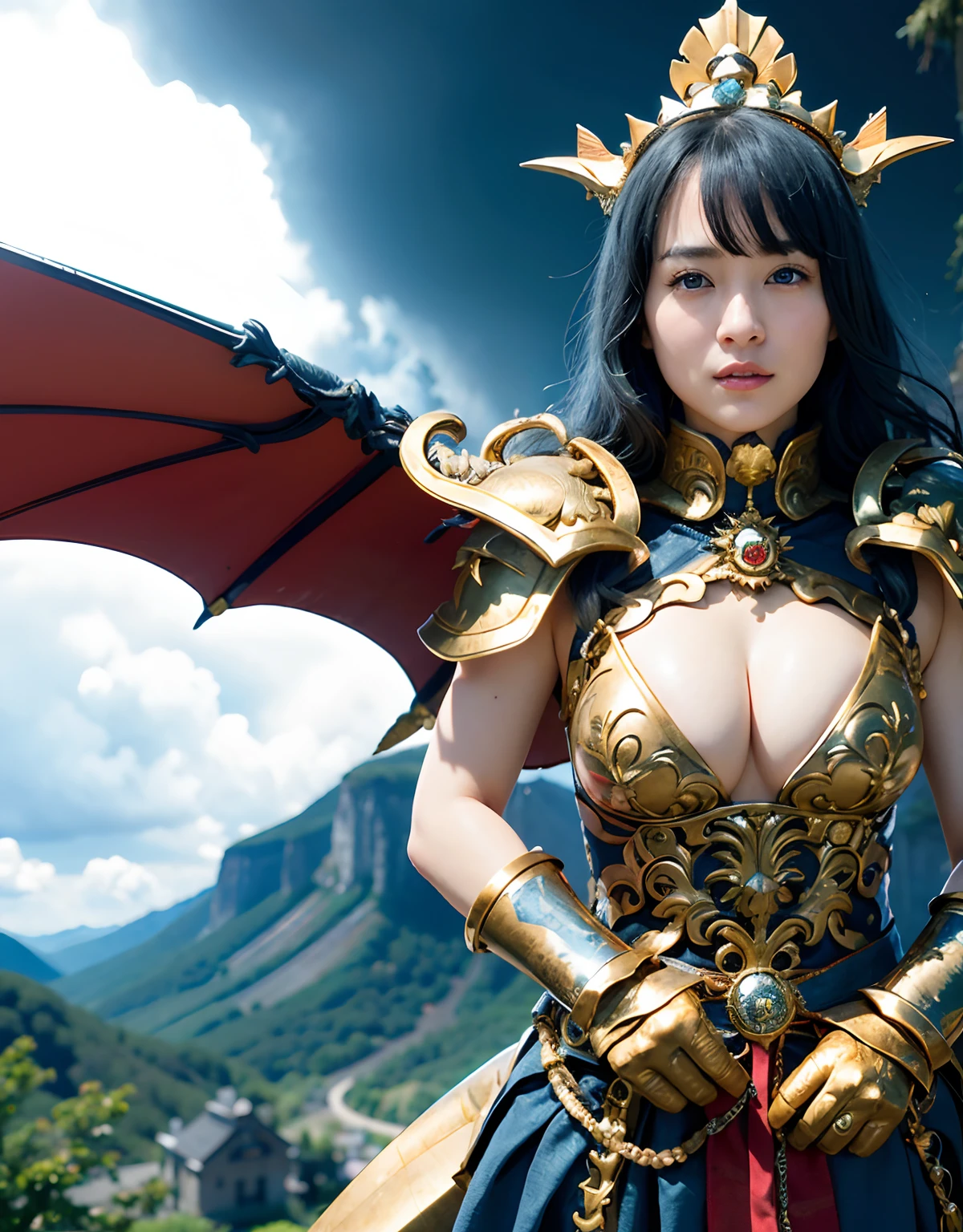 Professional , masterpiece、top-quality、photos realistic , 、top-quality、超A high resolution、(Photorealsitic:1.4)、Raw photo、depth of fields (Gemstone Gold Metal Body:1.9),(Matte White、Toostock、cleavage of the breast、(cleavage of the breast)、(Detailed Dragon Armor)、(Have the strongest weapon)、((Random Hairstyles 1.6),Dark Fantasy,)explosions、intense fighting、(Precipitous cliffs),Dragon Gold Weapon,Mystical expression、Particles of light、Fight dragons、(Detailed Dragon Helmet),Gorgeous Silver Weapons ,(( Dragon's dense and gorgeous sword)) , Beautiful knife ,warhammer 40k ,Detail and gorgeous crown、((Blue hair))、(Castle background)、、((Gangle's forest background))、Beautiful Caucasian beauty、1a person、dynamic ungle,((()))、Smaller head、A smile、Castle background、Thin and beautiful female hands、cleavage of the breast、Soldier in iron armor on background、Mystical expression、Light Effects、intense fighting、Wind-effect、magic circles、With the legendary magic wand、(demonic wings)、Toostock、