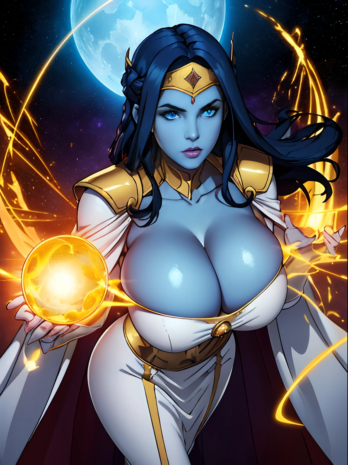 (masterpiece, top quality, best quality, official art, beautiful and aesthetic:1.2), (1girl:1.3), dark blue hair in braid, extremely detailed, portrait, looking at viewer, solo, (full body:0.6), detailed background, close up, (cool science fiction space theme:1.1), ((((blue skin)))), extremely busty sorceress, charlatan, mysterious, casting spells in space, four arms, revealing white and gold robes, fingerless gloves, long gloves, glowing magical energy, blindfold, elaborate headdress, golden ceremonial headdress, sheer white fabric, elegant robes, skirts, streamers, cowl, cape, sandals, bracers, ((((gigantic breasts, cleavage, skindentation)))), slim waist, slim hips, long legs, athletic, SPACE, futuristic moon, (space exterior:1.1) background, dark mysterious lighting, shadows, magical atmosphere, dutch angle