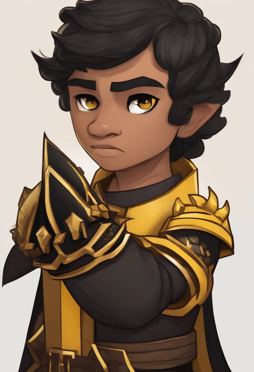 Desenho Minecraft de um menino com cabelo preto, Elf ears and yellow gauntlet on left hand