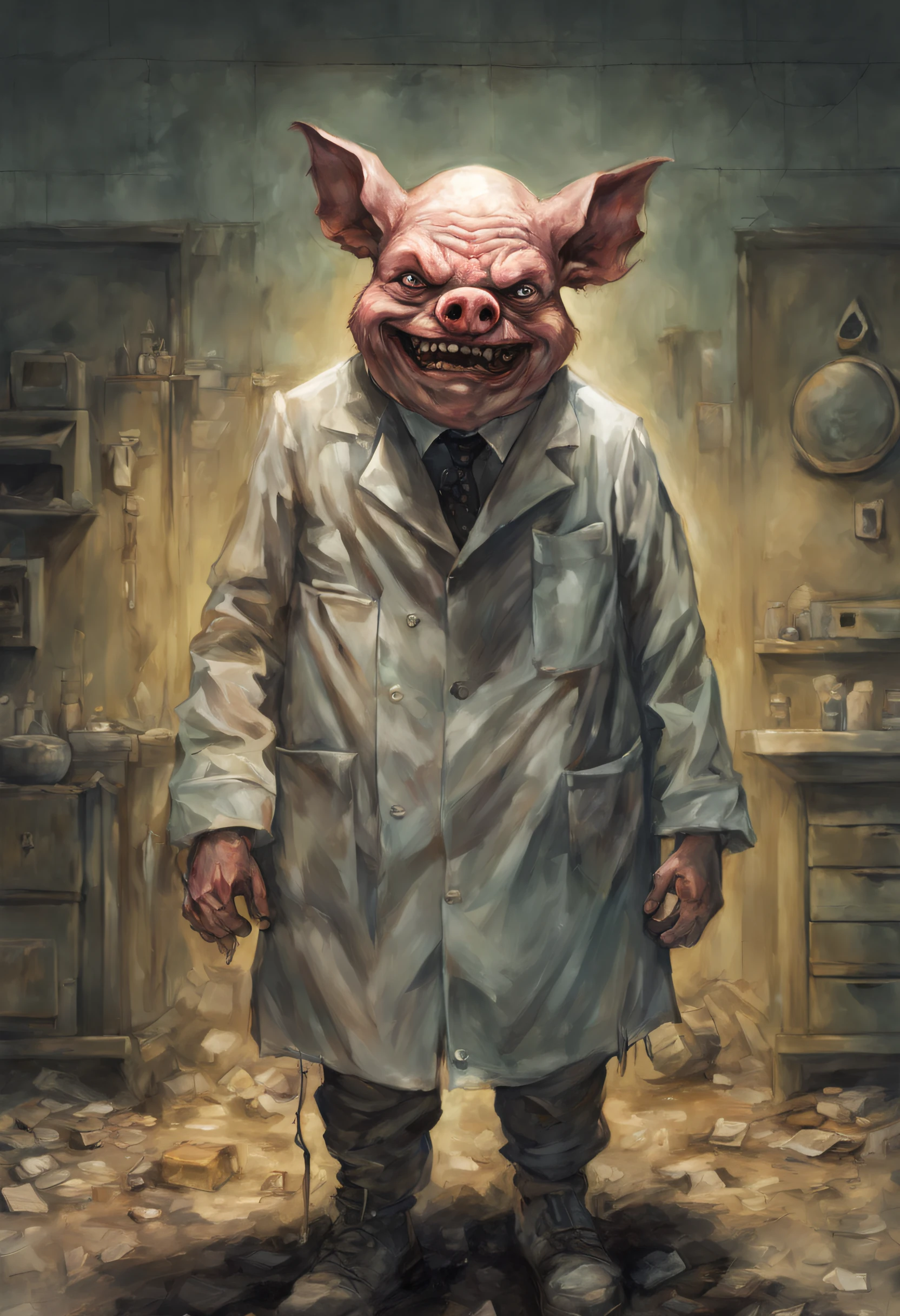 (((BRUNO AMADIO CURSED oil style))),((pastel light colors)),(((CURSED DARK FANTASY ENVIRONMENT))),(((cursed mental sanatorium atmosphere))),(((Professor Pyg from batman))), (((Professor Pyg is crazy schizophrenic human with a dement laugh ))),emerging from the shadows of Gotham, stands with an enigmatic presence. His human face, a macabre canvas, displays twisted features in a mask that evokes monstrosity. Clad in surgical garments and a stained butcherapron, he embodies an obsession with deformity. Every gesture and strident laughter reveal the chaotic dance of a deranged soul, choreographing horrors and turning the unfortunate into his spine-chilling marionettes in the dark theater of depravity., hand-drawn, digital painting, low-poly, soft lighting, bird's-eye view, isometric style, retro aesthetic, focusedon the character, 8K resolution, photorealistic rendering, usingCinema 4D,highly detailed, professional light