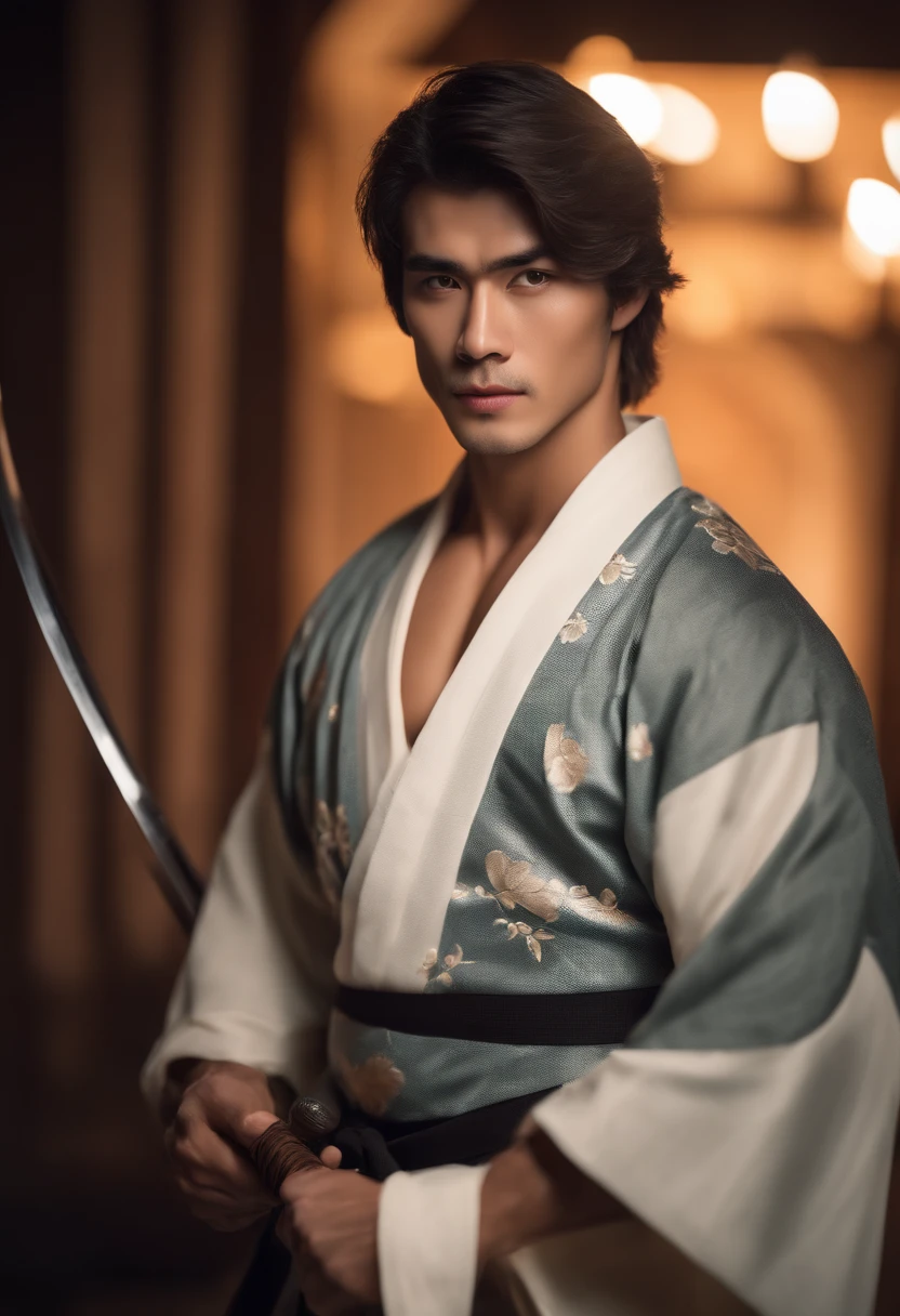 Young man dressed in a kimono posing for photo, with a Katana in his hand, lean and muscular, well-muscled, lean but muscular, beautiful handsome body, very muscular, muscular bodies, shirtless, Muscular men, musculature, Attractive body, well-muscled, muscular build,Gentle face,asian human, 22 -years old