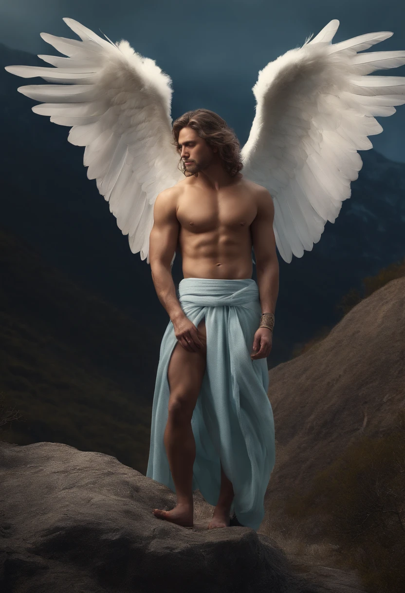 male angel with closed clothes in prison on a mountain, realistic