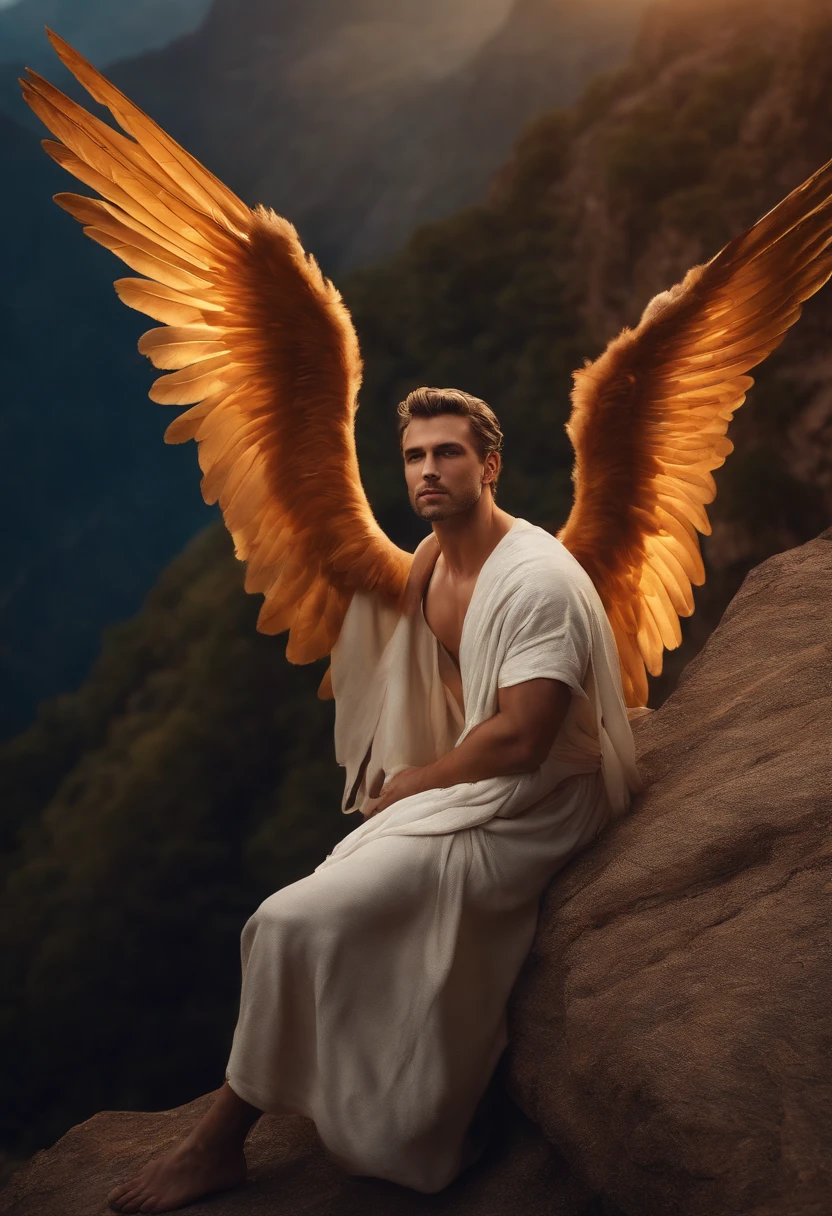 male angel with closed clothes in prison on a mountain, realistic