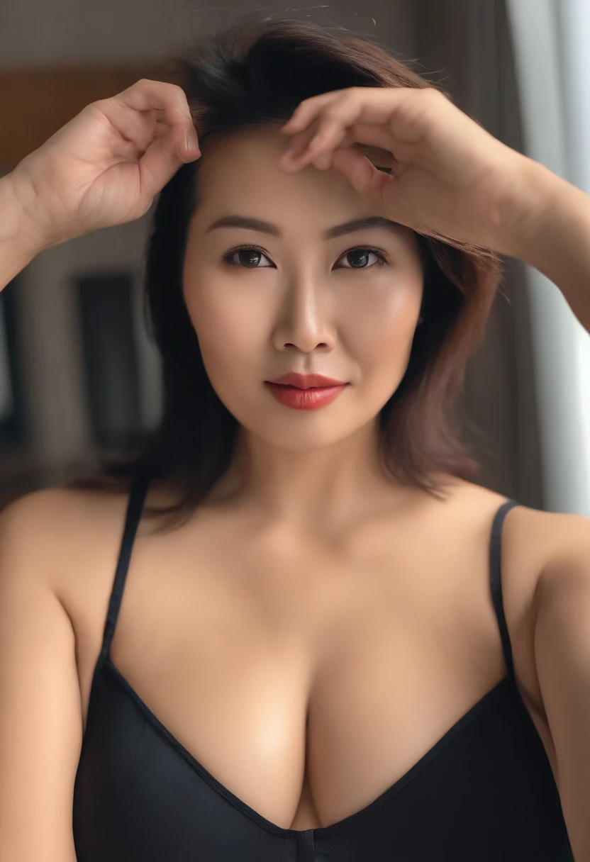 asian middle- woman, milf, busty, chubby, sweating body, hairy pussy, hairy armpits, sweating body, soft light, look straight to the camera, sucking a boy's dick, wet pussy, saliva, reveal her pussy