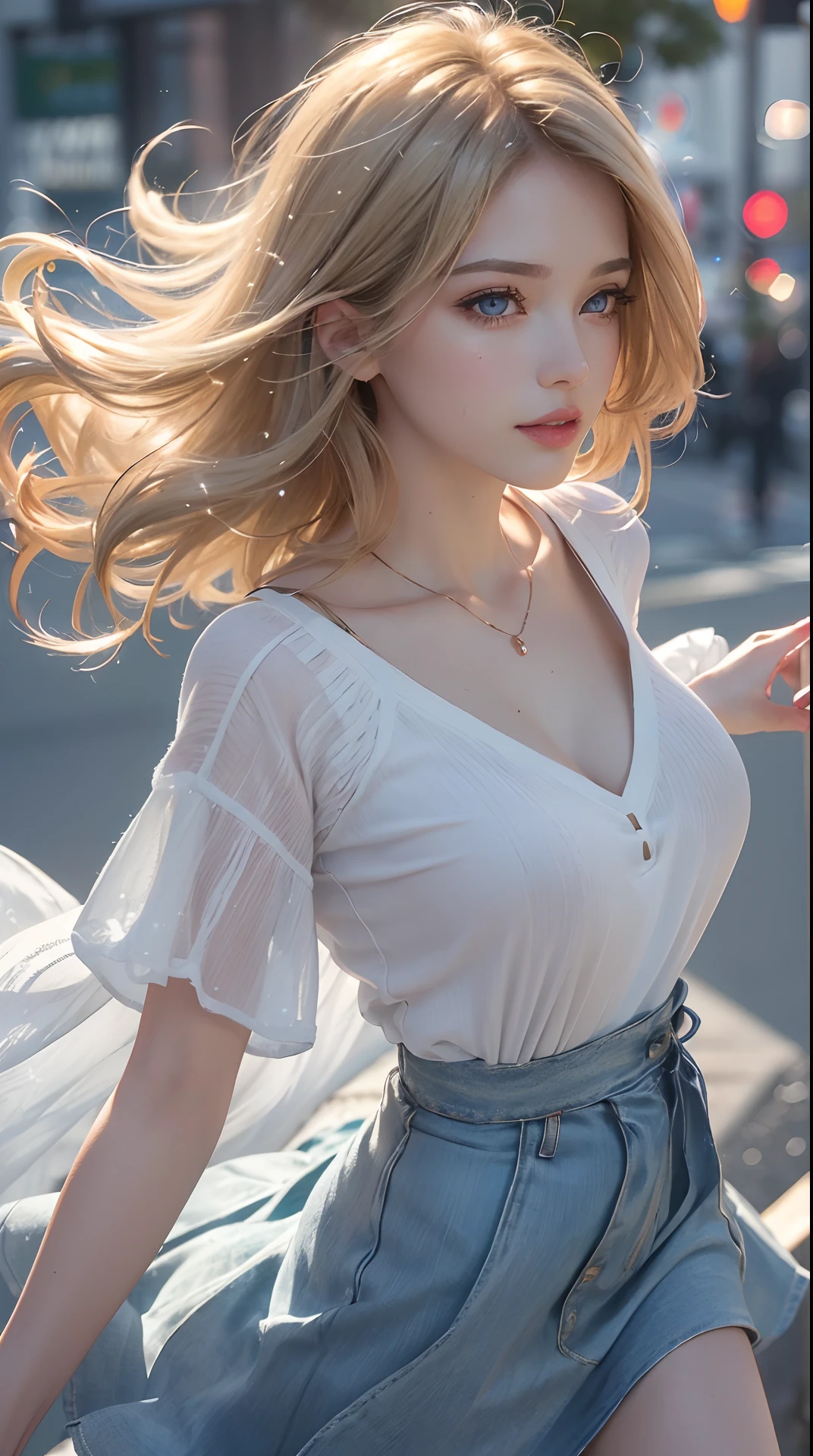(best quality,4k,8k,highres,masterpiece:1.2), ultra-detailed, (realistic,photorealistic,photo-realistic:1.37),(beautiful detailed eyes, beautiful detailed lips, extremely detailed eyes and face, long eyelashes),studio lighting,physically-based rendering,vivid colors,(big tits, super big tits, super extra big tits),(bob haircut, blond hair),(sparkling eyes, Eyes looking straight up.:1.2),(stylish and casual personal clothing, Hair fluttering in the wind, skirts swirling),(soft lighting),(cheerful atmosphere),(Close-Up),(dynamic poses),