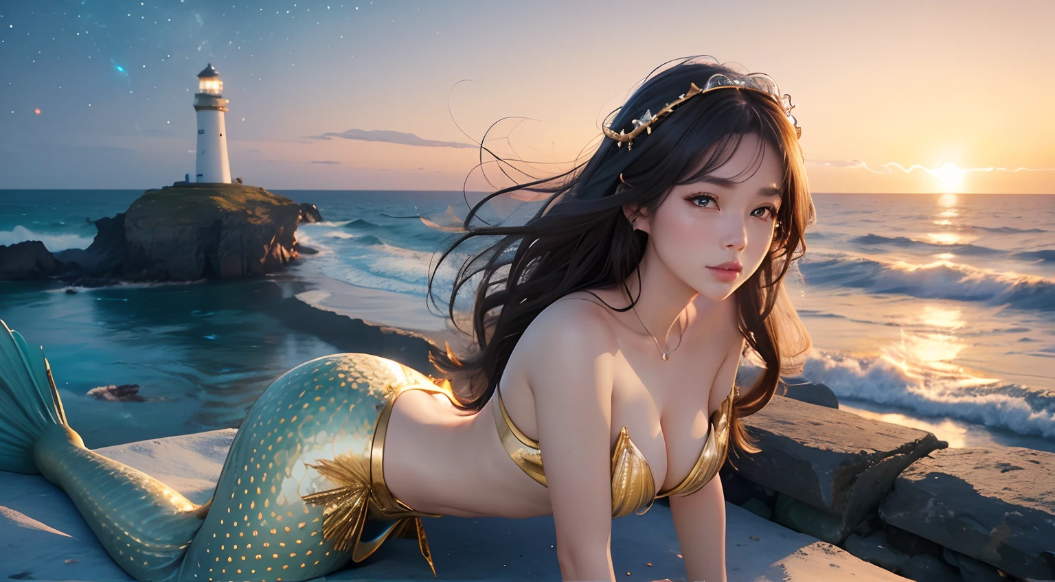 Sexy goddess，best qualityer，Snow-whiteskin，8K high quality，Sexy goddess，A pair of big eyes are beautiful and moving，White skin，putting makeup on，Red long-haired，Volt perspective，Lower body mermaid tail，curlies，Sexy outfit，Volt view，Look up，gold；jewely，Flying in outer space，Behind，Ocean Earth，Space-time gate，milky ways，the ocean，swell sea，Greatwave，Beautiful sunset sun，lighthouse，Lower body mermaid tail，Lying on the shoreline，Very artistic photos。