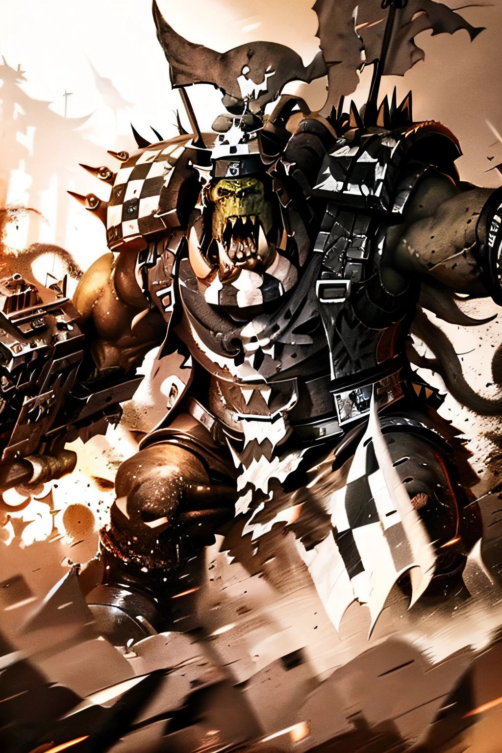 Massive Ork Warboss wearing black and white checker pattern with a large bannerpole