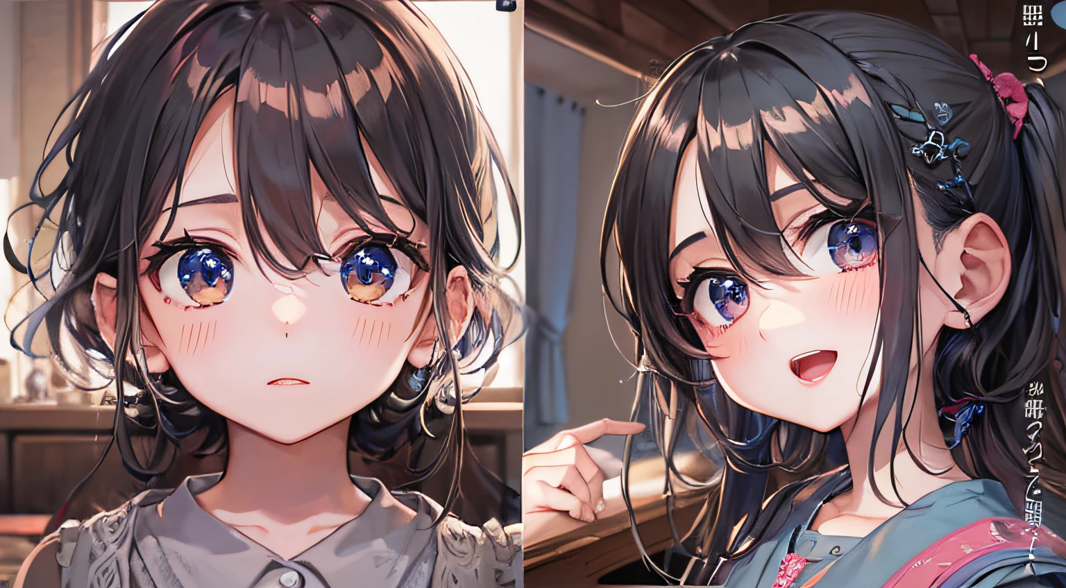 10 year old dark-haired girl、hightquality、look up to、up of face、living room