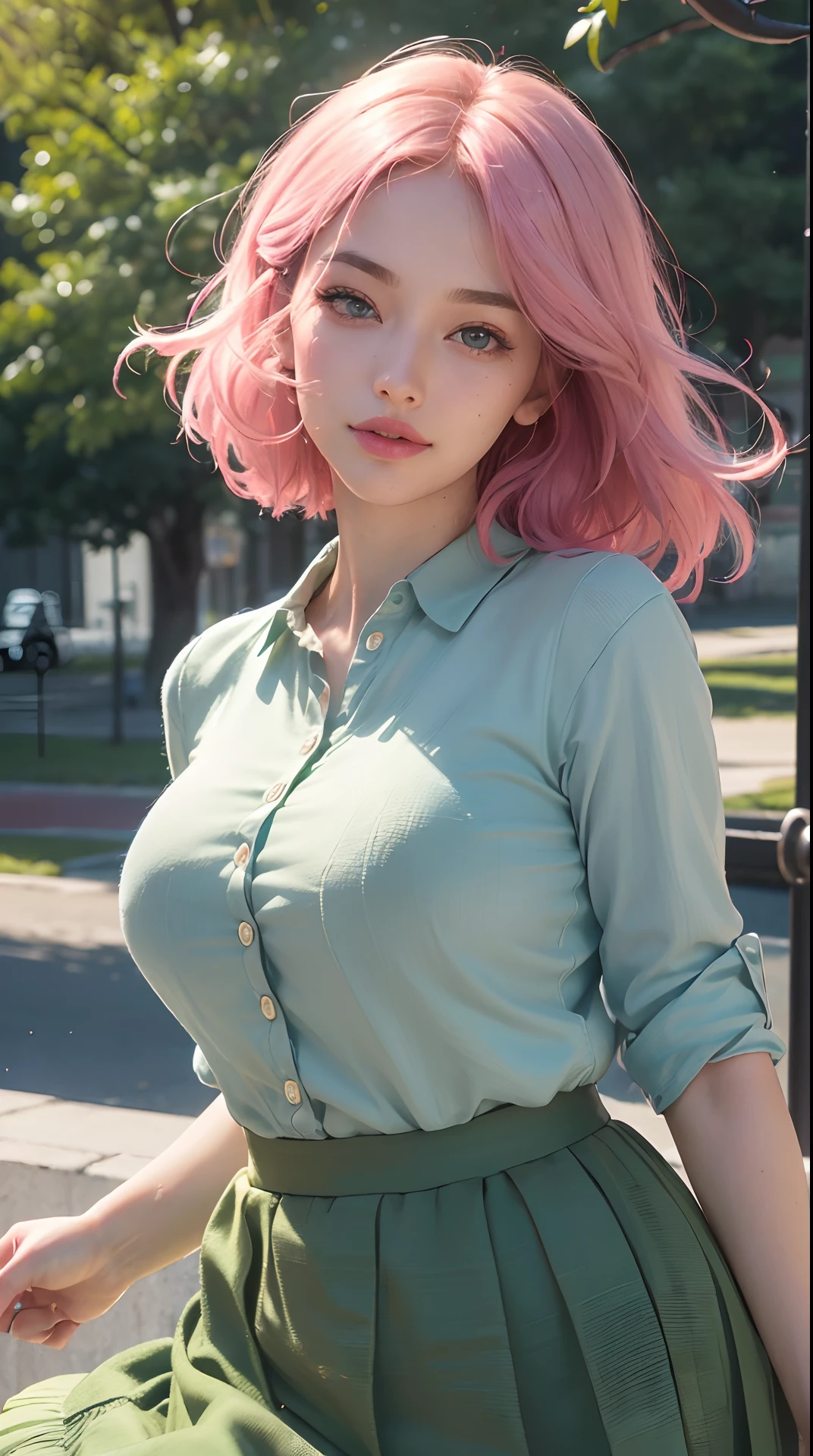 (best quality,4k,8k,highres,masterpiece:1.2), ultra-detailed, (realistic,photorealistic,photo-realistic:1.37),(beautiful detailed eyes, beautiful detailed lips, extremely detailed eyes and face, long eyelashes),studio lighting,physically-based rendering,vivid colors,(big tits, super big tits, super extra big tits),(bob haircut, pink hair),(funny face, crossed eyes:1.2),(stylish and casual personal clothing, green skirt, Hair fluttering in the wind, skirts swirling),(soft lighting),(cheerful atmosphere),(Extreme Close-Up),(dynamic poses),