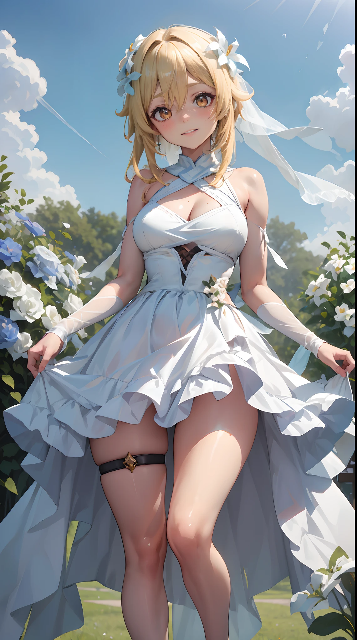 Lumine | genshin impact, master-piece, bestquality, 1girls,25 years old, proportional body, proportional., Wedding Dresses, White Wedding Dress, Long skirt, wedding, ,bara, Standing in the middle of a flower garden, outdoor, wedding, The sky is beautiful, Both hands hold a bouquet of flowers..........................................., View viewers from the front., Thigh strap, Head tilt, bored, 10, 10, HD, slight smile,