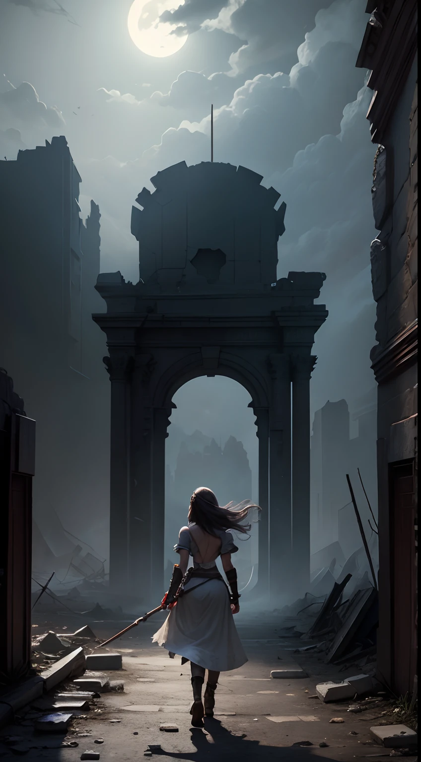 Rebel princess walking through a ruined city in the moonlight goddes