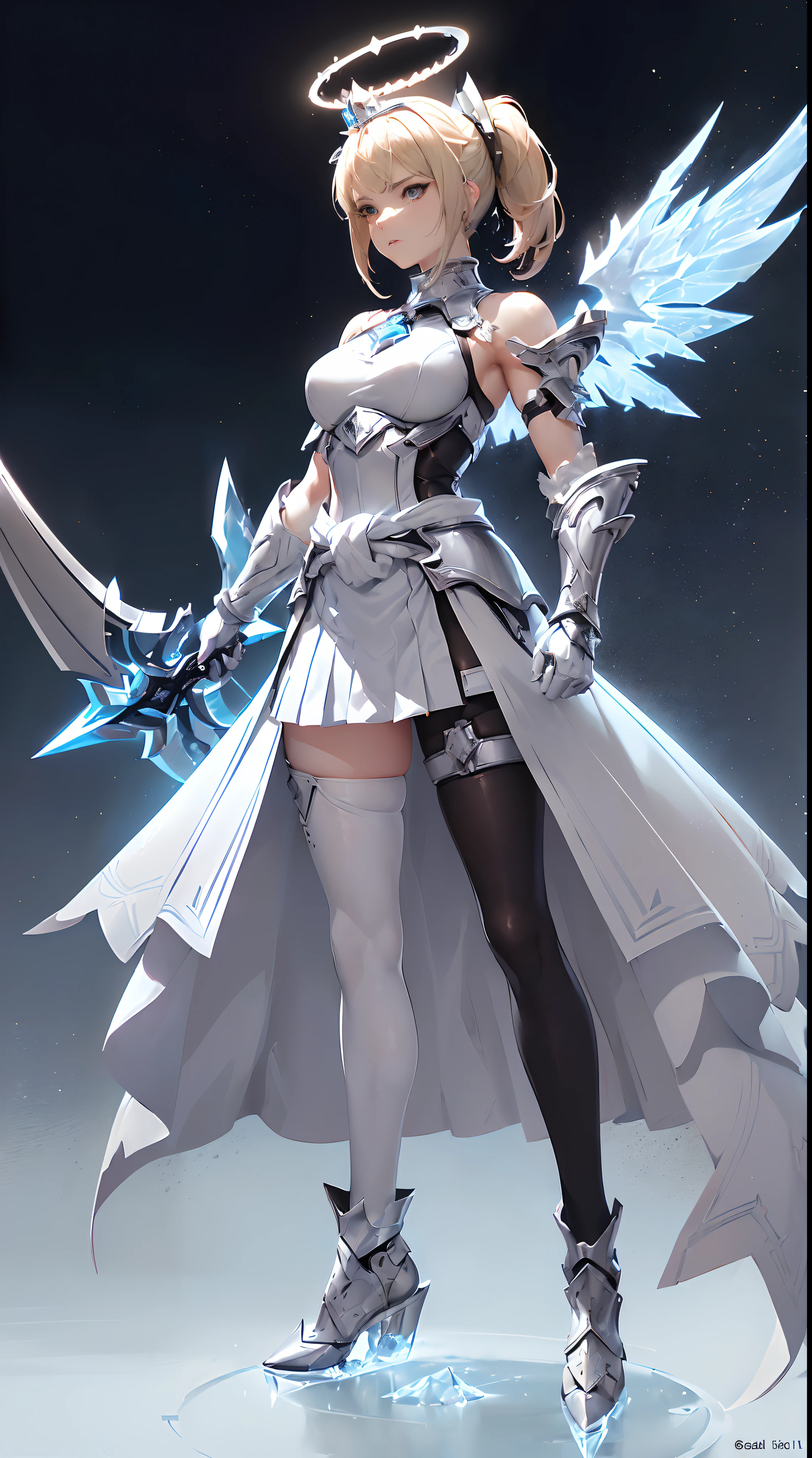 style of anime,Mecha Warlord type,(High-quality characters:1.2),(4K:1.2),(Best quality at best:1.2),(hight contrast:1.2),(the sideview:1.2),(All-round light:1.2),(Close-up close-up:1.3),(Sky city background:1.2),(The complexion is very fair:1.3),(Girl body type:1:2),(1个Giant Breast Girl:1.2),(Thin leg:1.2),(Small chest Thin waist:1.2),(Small breasts:1.3),(Raised :1:2),(Exquisite facial features:1.2),(Blue pupils:1.2),(Cool and beautiful makeup:1.2),(A radiant face:1.2),(sophisticated haircut:1.2),(Silver gradient with lilac striped hair:1.2),(Pale pink waist-length hair:1.2),(Shape-shaping textured armor armor:1.3),(Pleated battle skirt:1.3),(White textured over-the-knee heeled boots 1.3),(A long blade of ice hanging from the waist:1.2),(Long gloves in silver steel texture:1.2),(Patterned gloves and waist-length stockings:1.3),(Silver striped wrist and elbow armor and waist armor and shin and knee armor:1.2),(Crown of ice on the head and halo of fire:1.2),(White transparent shoulder armor and battle robe:1.2),(Light wings on the back:1.2),(Grim expression:1.2),(The face is slightly red:1.2),(Open legs 1.3),
