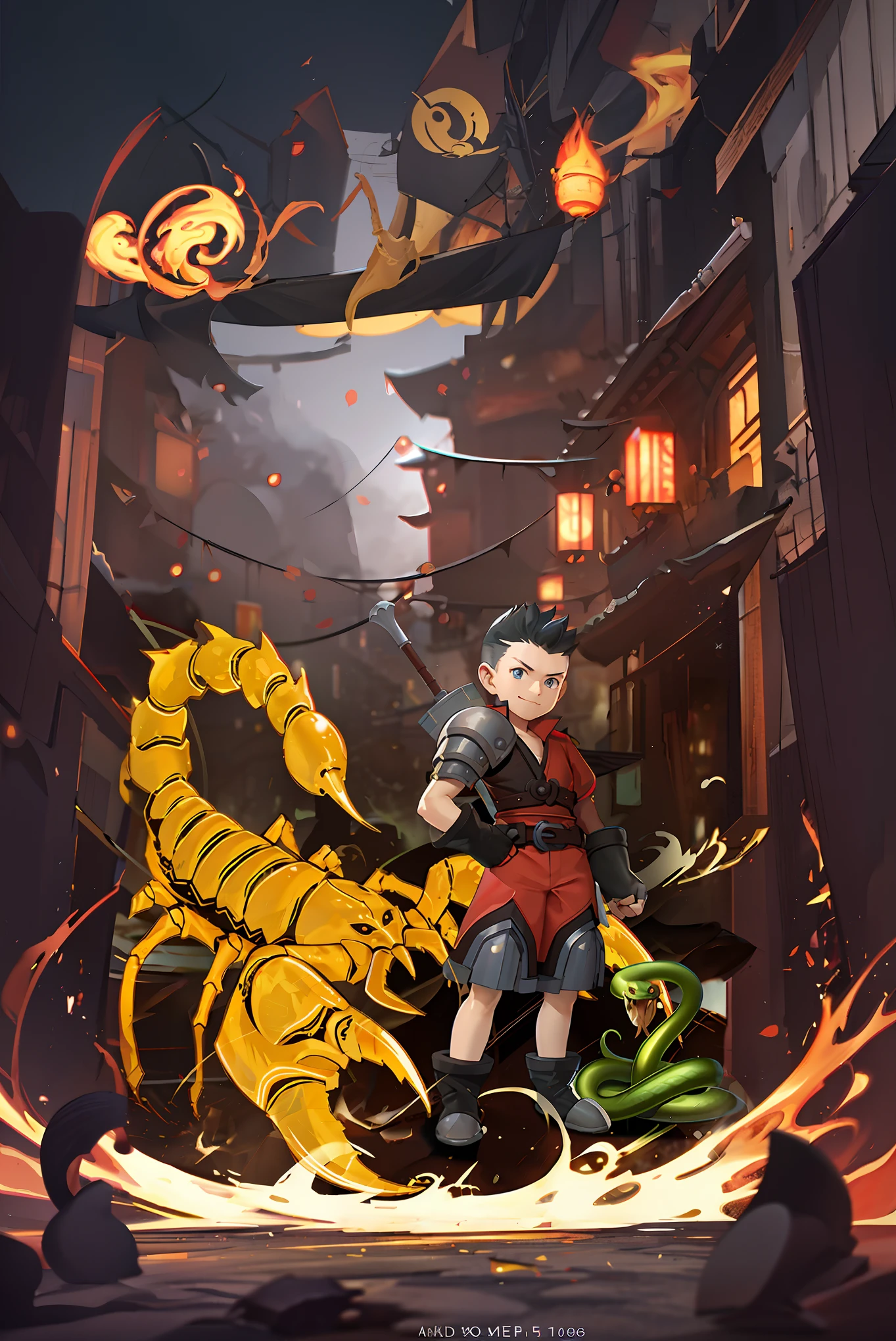 Anime characters of scorpions and snakes in the city, Akira in Chinese mythology, Mobile game art, character splash art,The sky is clean，Flames splattered， Game illustration, high detailed official artwork, Official artwork, G Liulian art style, 2. 5 D CGI anime fantasy artwork, inspired by Park Hua, Detailed game art, nezha, Game art, Character artwork