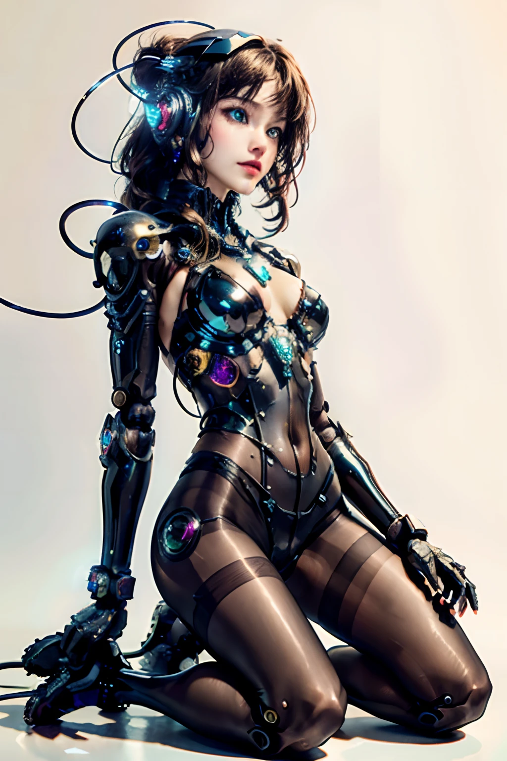 (masterpiece, top quality, best quality, official art, beautiful and aesthetic:1.2), (1girl), (fractal art:1.2),absurdres, highres, ultra detailed, Ultra-precise depiction, Ultra-detailed depiction, solo, (zentangle:1.2), floating hair, (skinny, thin body: 1.2), tanned skin, shiny skin, (abstract:1.2),cbpkv5, pantyhose,looking at viewer, full body, cyberpunk robot, complex robot, halo, by mooncryptowow
