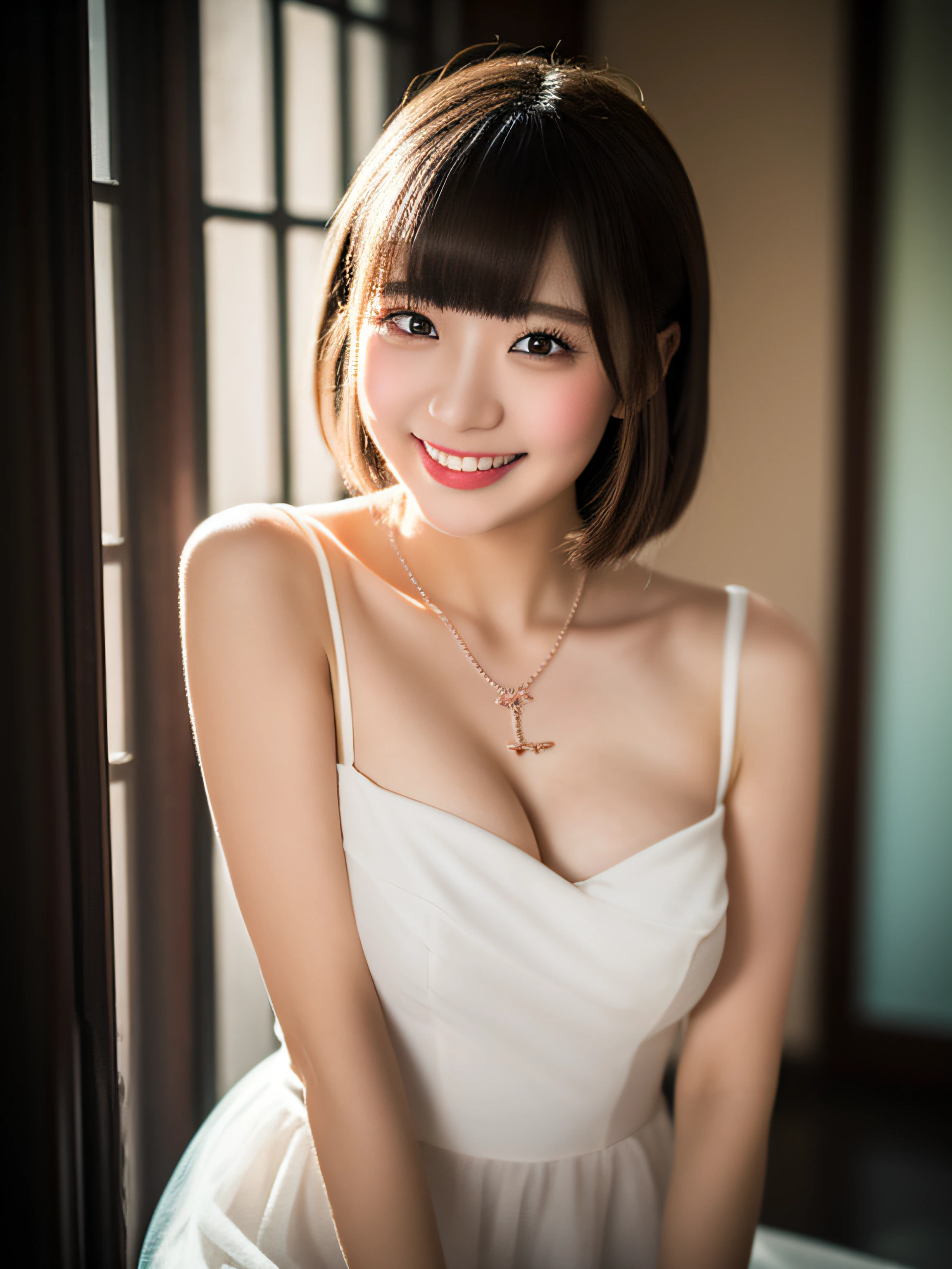 (8K, RAW Photos, Highest quality, masterpiece:1.2), Super detailed, 超High resolution, High resolution,(Realistic, photo Realistic:1.4),Depth of written boundary, Realistic shadow, Caustics, Natural Shading, Photon Mapping, Fine-grained, Perfectly focused,
break
cinematic lighting, Soft lighting, High resolution, Sigma 24mm F/2.8, ISO400, 1/125 second shutter,Very delicate and beautiful, Very detailed, 8K壁紙, wonderful, In detail, Large file size, Very detailed CG, unity 8K壁紙, Official Art, Perfect artwork, Production art,
break
((Beautiful attention to detail, Natural color lip, Soft white skin that shines in every detail, 18-year-old)), 1 Girl, alone, blush, Princess, Japanese Idols, Ample breasts,
break
short hair, Light brown hair, fluffy bob cut,
break
eyebrows visible through hair, Open your mouth, smile,
break
(pink and white Princess dress:1.3), Red Bow,
break
looking at viewer,
break
from side